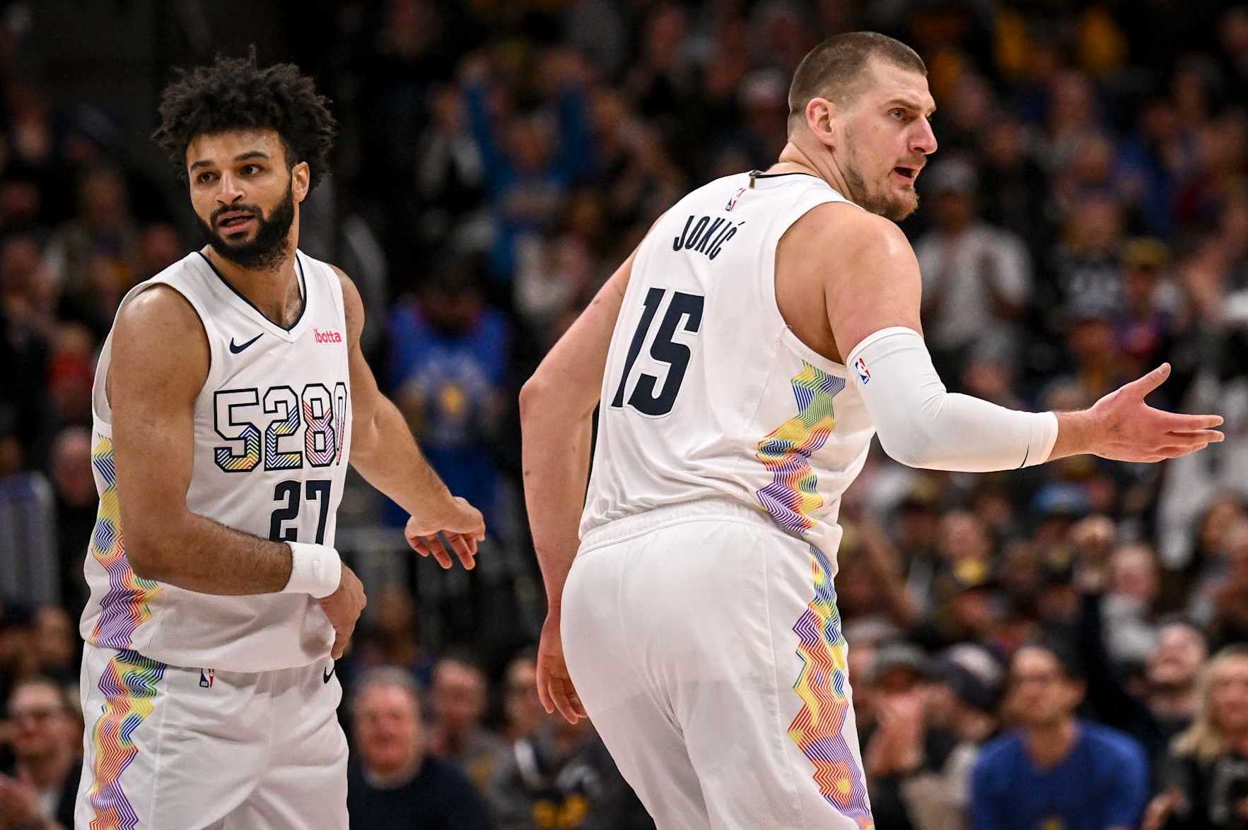 DENVER, CO - JANUARY 21: Nikola Jokic (15) of the Denver Nuggets argues not receiving a favorable call on offense as he and Jamal Murray (27) return to the defensive end during the first quarter against the Philadelphia 76ers at Ball Arena in Denver, Colorado on Tuesday, January 21, 2025. (Photo by AAron Ontiveroz/The Denver Post)