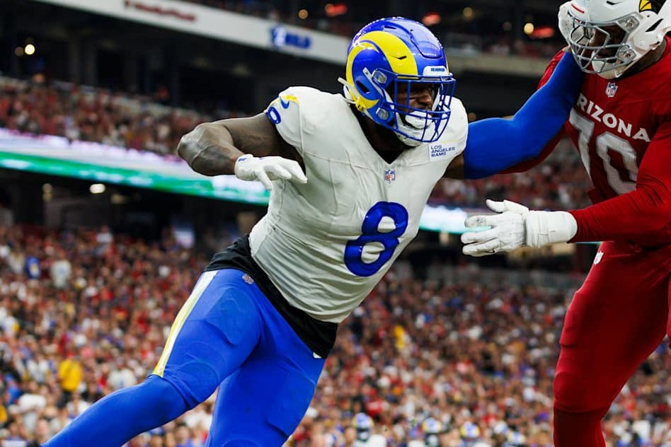 GLENDALE, ARIZONA - SEPTEMBER 15: Jared Verse #8 of the Los Angeles Rams rushes the edge during a game against the Arizona Cardinals at State Farm Stadium on September 15, 2024 in Glendale, Arizona. (Photo by Ric Tapia/Getty Images)