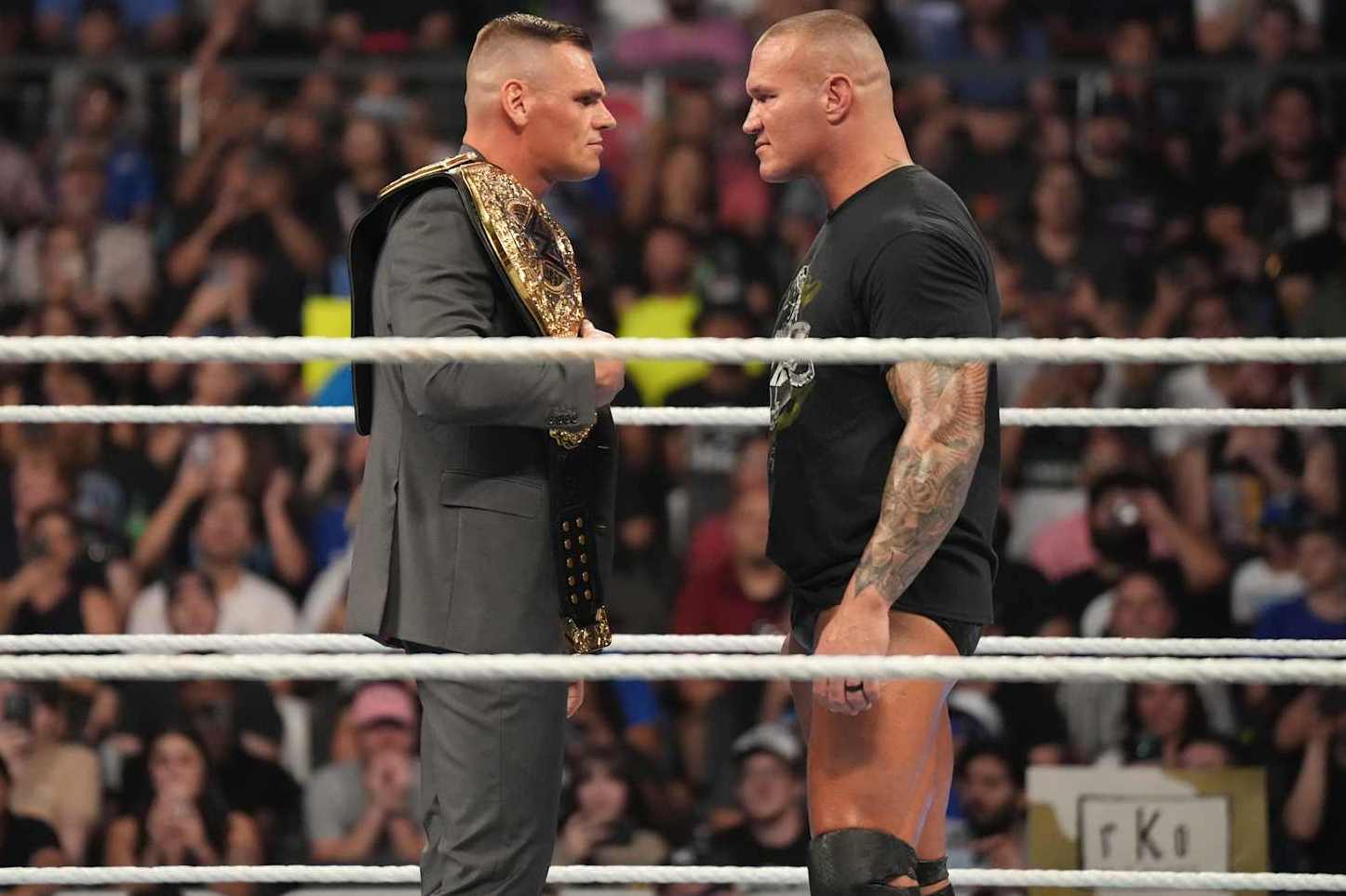 AUSTIN, TEXAS - AUGUST 12: World Heavyweight Champion Gunther and Randy Orton stare each other down during Monday Night RAW at Moody Center on August 12, 2024 in Austin, Texas.  (Photo by WWE/Getty Images)