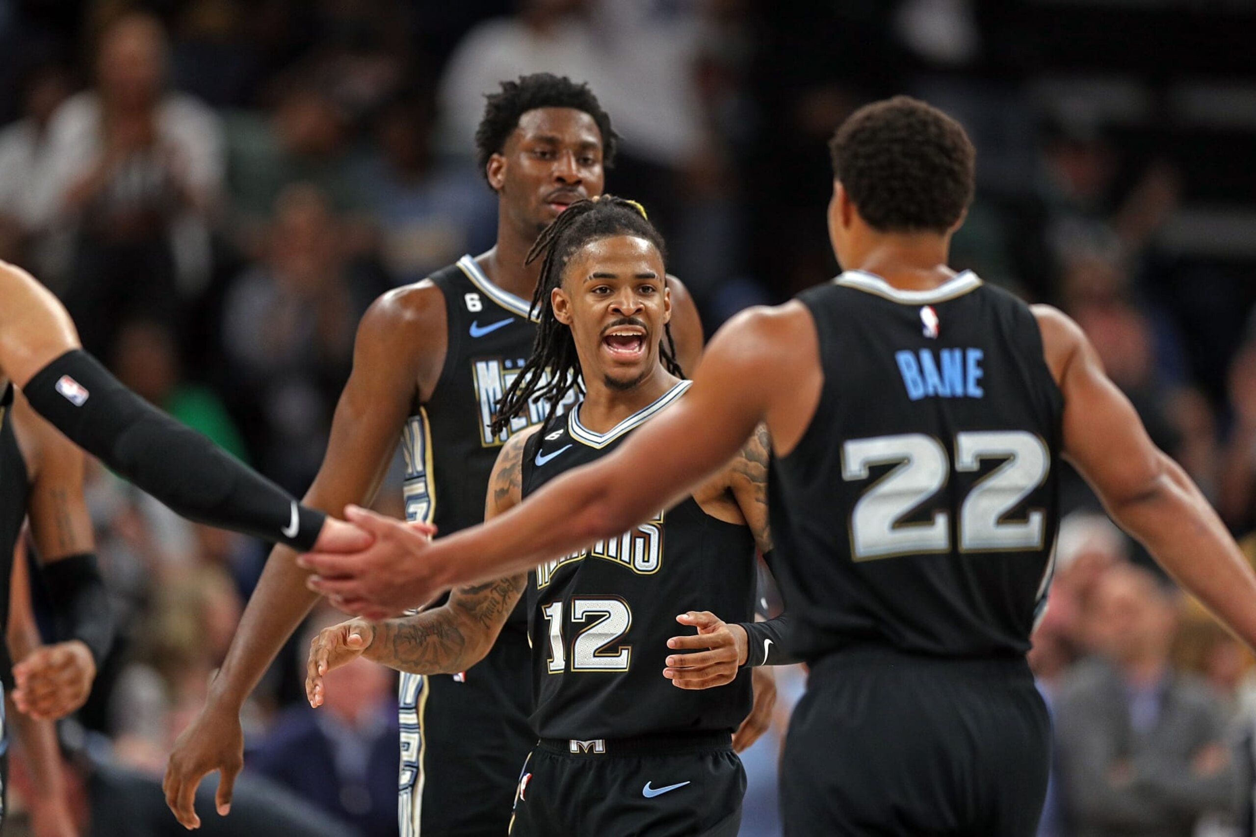 MEMPHIS, TENNESSEE - FEBRUARY 28: Ja Morant #12 of the Memphis Grizzlies reacts during the second half against the Los Angeles Lakers at FedExForum on February 28, 2023 in Memphis, Tennessee. NOTE TO USER: User expressly acknowledges and agrees that, by downloading and or using this photograph, User is consenting to the terms and conditions of the Getty Images License Agreement. (Photo by Justin Ford/Getty Images)