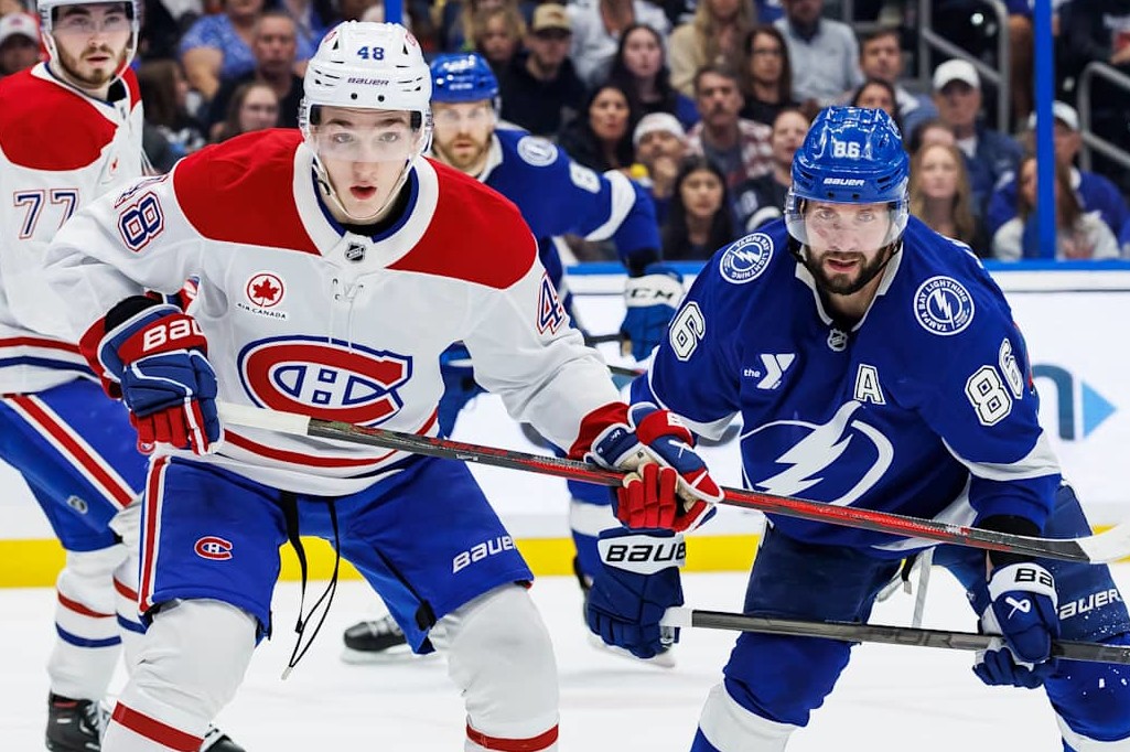TAMPA, FL - DECEMBER 29: Nikita Kucherov #86 of the Tampa Bay Lightning skates against Lane Hutson #48 of the Montreal Canadiens at Amalie Arena on December 29, 2024 in Tampa, Florida. (Photo by Mark LoMoglio/NHLI via Getty Images)