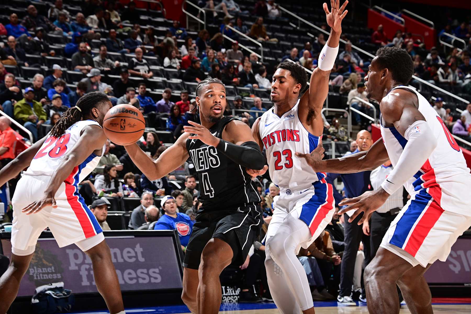 DETROIT, MI - MARCH 7: Dennis Smith Jr. #4 of the Brooklyn Nets handles the ball during the game against the Detroit Pistons on March 7, 2024 at Little Caesars Arena in Detroit, Michigan. NOTE TO USER: User expressly acknowledges and agrees that, by downloading and/or using this photograph, User is consenting to the terms and conditions of the Getty Images License Agreement. Mandatory Copyright Notice: Copyright 2024 NBAE (Photo by Chris Schwegler/NBAE via Getty Images)