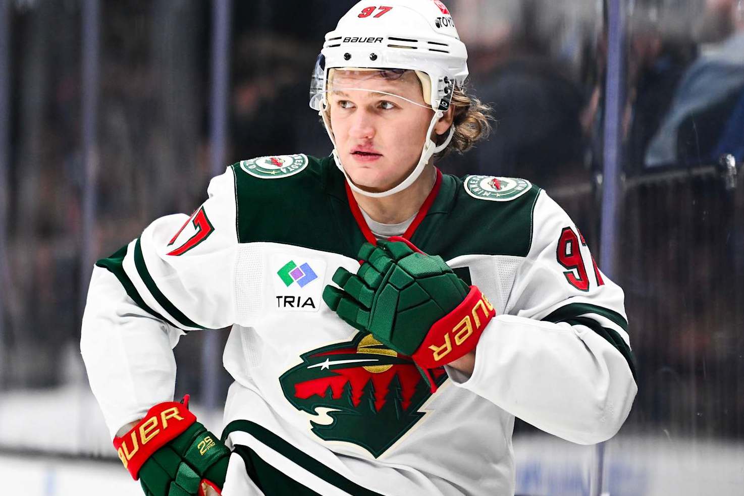 SALT LAKE CITY, UTAH - DECEMBER 10: Kirill Kaprizov #97 of the Minnesota Wild looks on during the first period of a game against the Utah Hockey Club at Delta Center on December 10, 2024 in Salt Lake City, Utah. (Photo by Alex Goodlett/Getty Images)