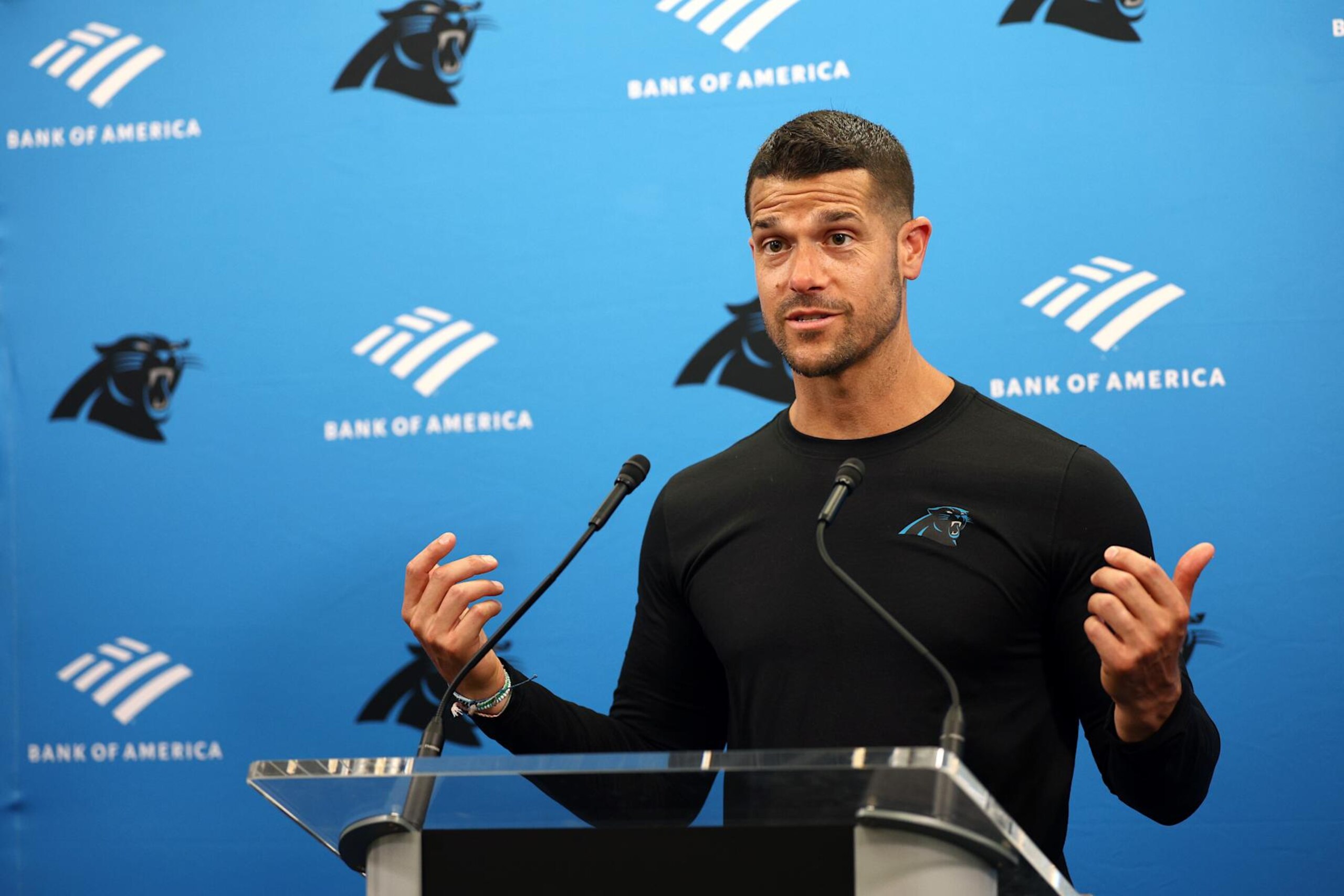 CHARLOTTE, NORTH CAROLINA - JUNE 04: Head coach Dave Canales of the Carolina Panthers speaks with the media during a press conference at Carolina Panthers OTA Offseason Workout on June 04, 2024 in Charlotte, North Carolina. (Photo by Jared C. Tilton/Getty Images)