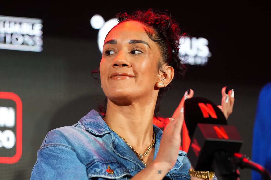 ARLINGTON, TEXAS - MAY 16: Amanda Serrano speaks onstage during the Jake Paul vs. Mike Tyson Boxing match Arlington press conference at Texas Live! on May 16, 2024 in Arlington, Texas. (Photo by Cooper Neill/Getty Images for Netflix)