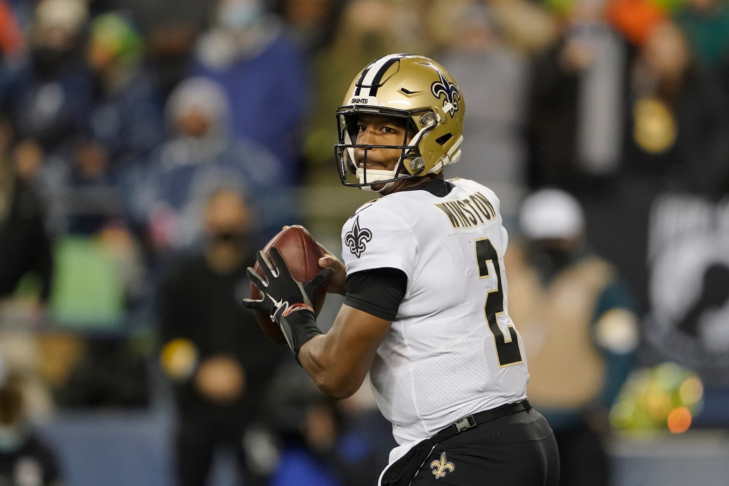 New Orleans Saints quarterback Jameis Winston during an NFL football game against the Seattle Seahawks, Monday, Oct. 25, 2021, in Seattle. (AP Photo/Ted S. Warren)