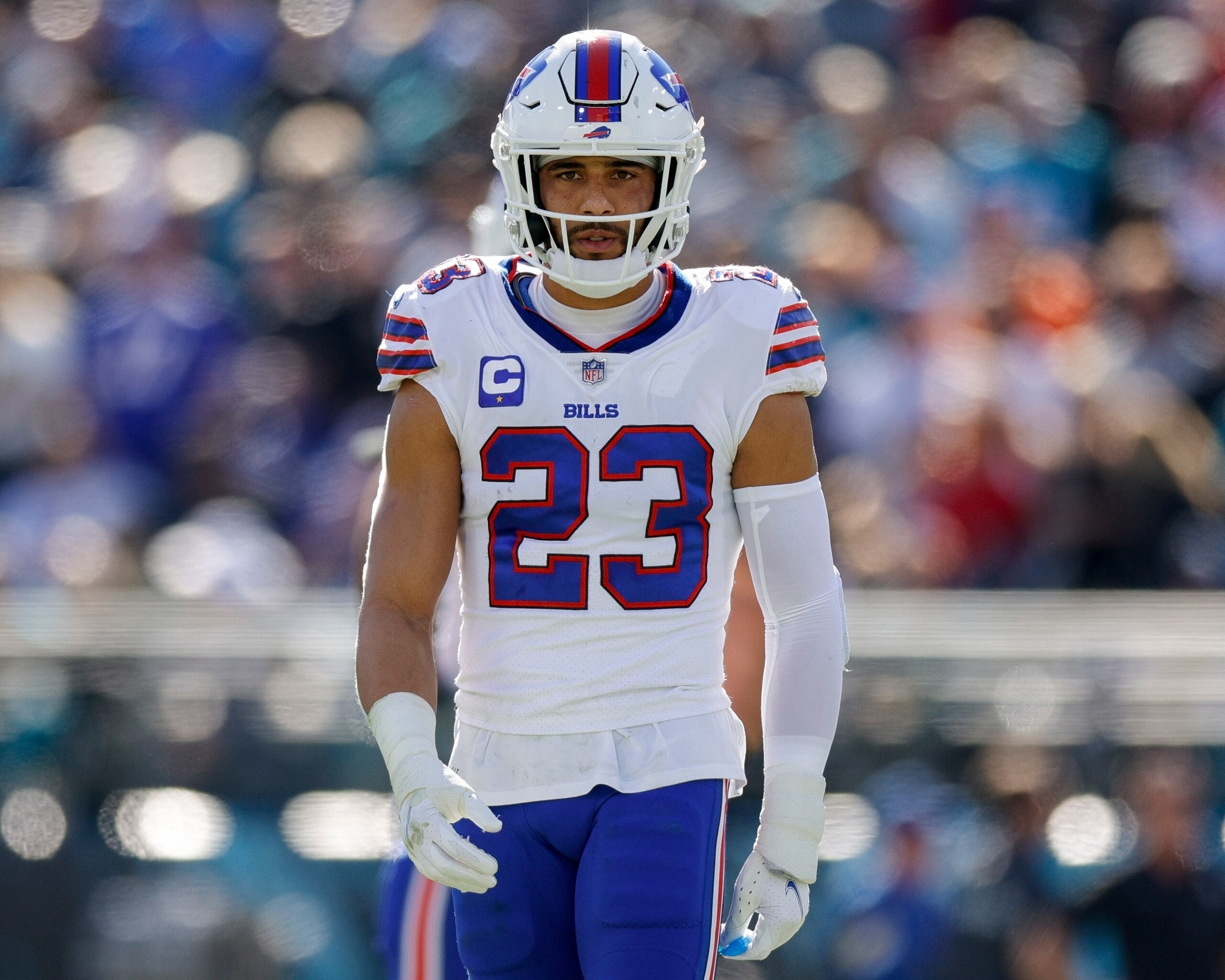 JACKSONVILLE, FLORIDA - NOVEMBER 07: Micah Hyde #23 of the Buffalo Bills looks on during the second quarter against the Jacksonville Jaguars at TIAA Bank Field on November 07, 2021 in Jacksonville, Florida. (Photo by Douglas P. DeFelice/Getty Images)