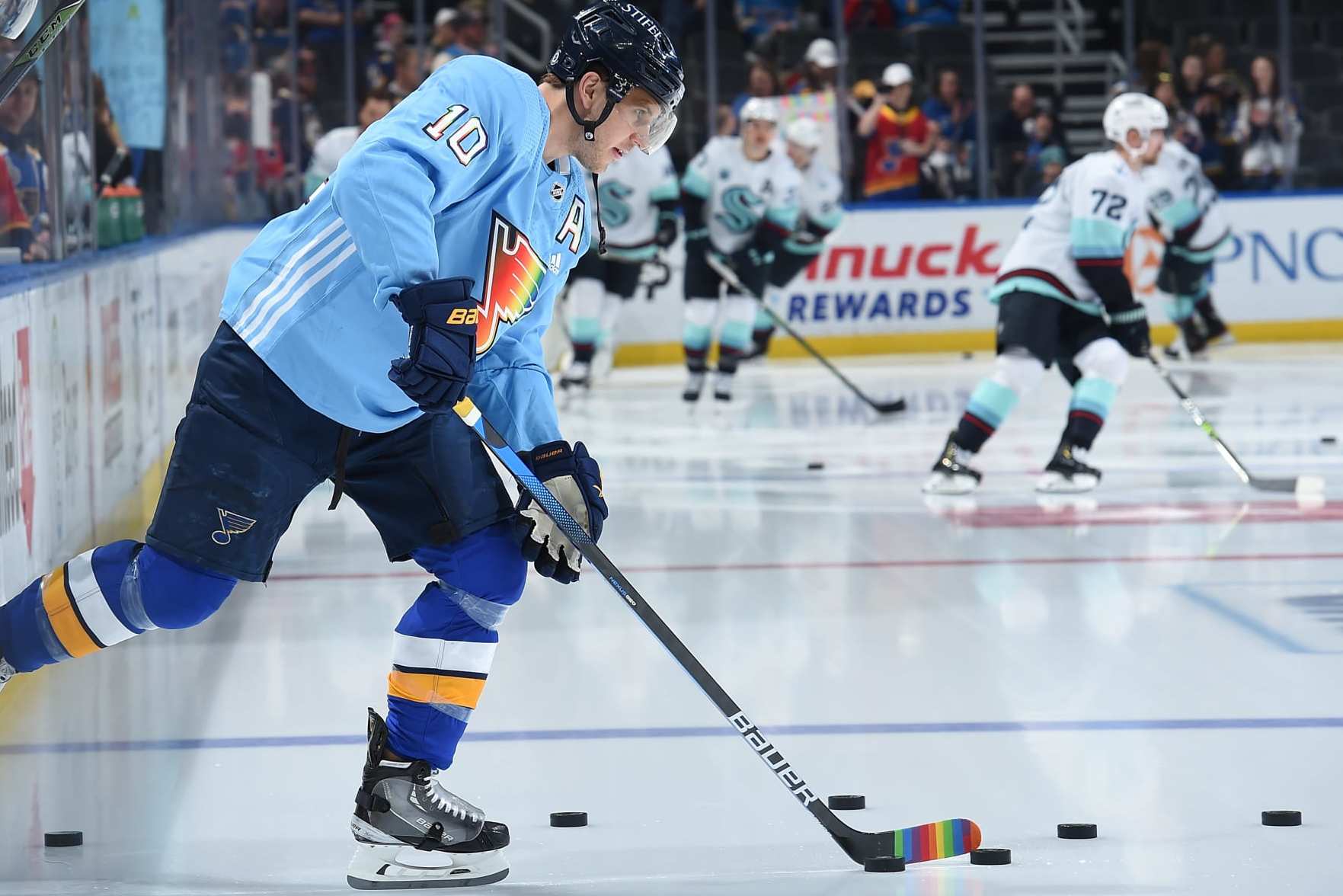 ST. LOUIS, MO - APRIL 6: Brayden Schenn #10 of the St. Louis Blues takes the ice for warm ups prior to a game against the Seattle Kraken. The St. Louis Blues are wearing themed warm up jerseys for Pride Night at the Enterprise Center on April 6, 2022 in St. Louis, Missouri. (Photo by Joe Puetz/NHLI via Getty Images)