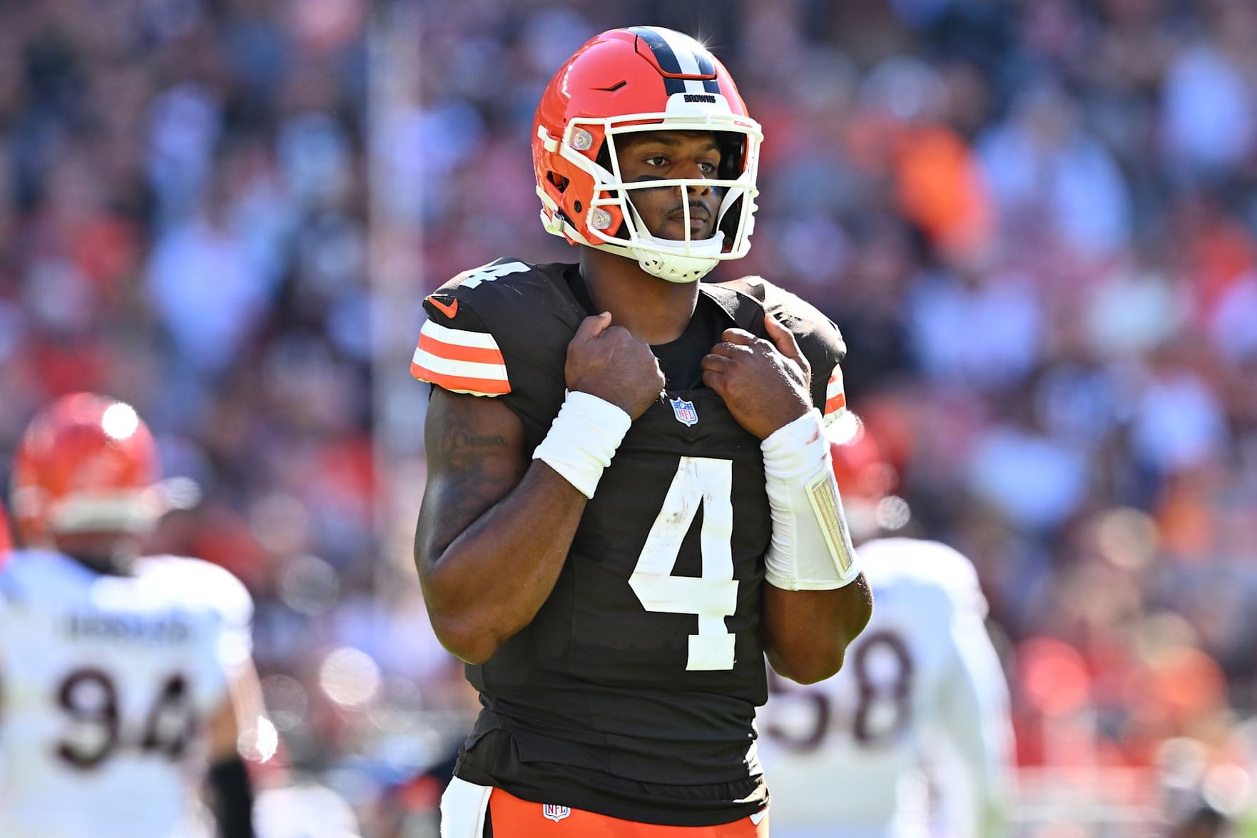 CLEVELAND, OHIO - OCTOBER 20: Deshaun Watson #4 of the Cleveland Browns looks on during the second quarter of a game against the Cincinnati Bengals at Huntington Bank Field on October 20, 2024 in Cleveland, Ohio. (Photo by Jason Miller/Getty Images)