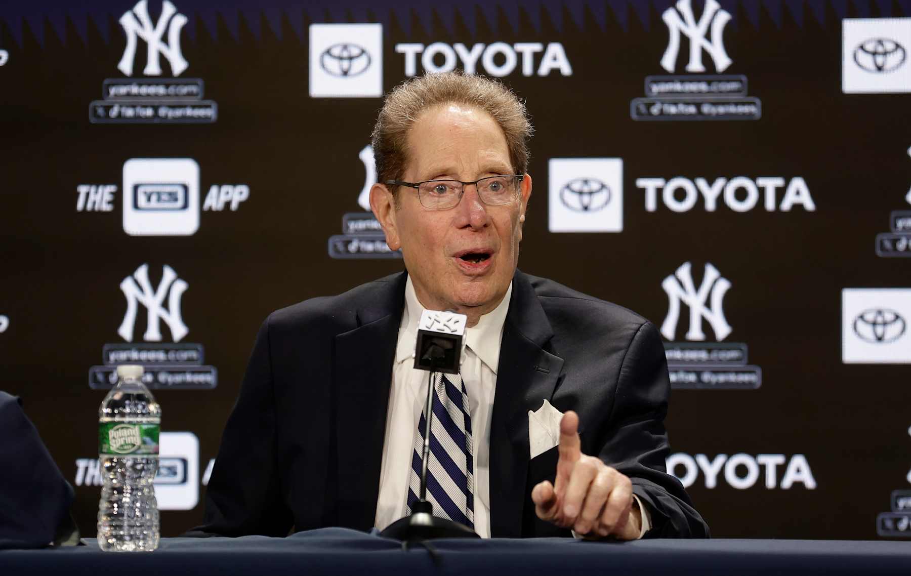NEW YORK, NEW YORK - APRIL 20:  Long time New York Yankees radio broadcaster John Sterling speaks to the media prior to a game against the Tampa Bay Rays at Yankee Stadium on April 20, 2024 in New York City. (Photo by Jim McIsaac/Getty Images)