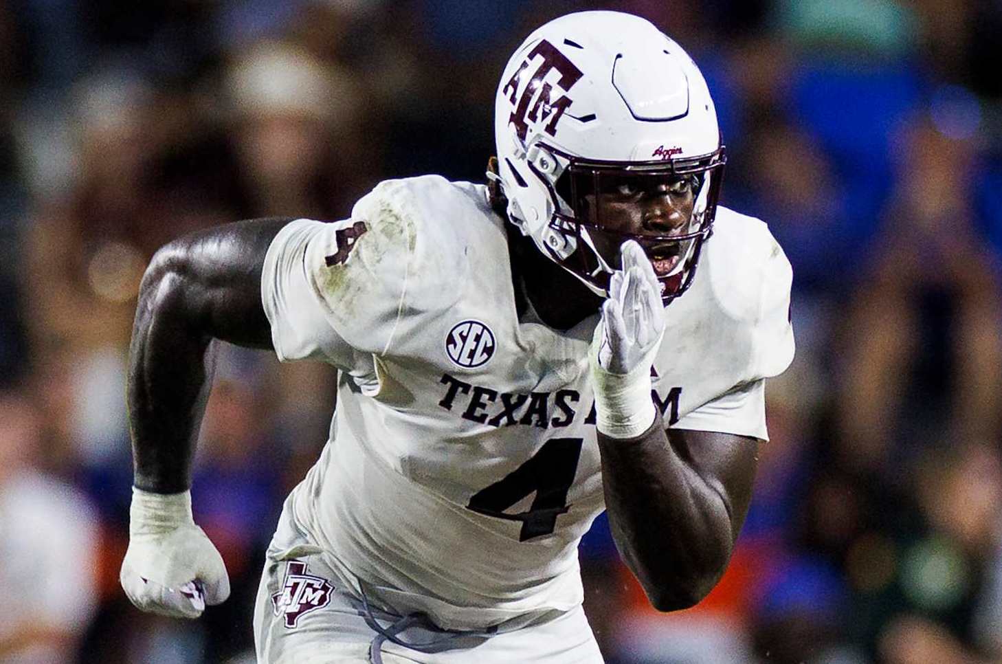 GAINESVILLE, FLORIDA - SEPTEMBER 14: Shemar Stewart #4 of the Texas A&M Aggies in action during the second half of a game against the Florida Gators at Ben Hill Griffin Stadium on September 14, 2024 in Gainesville, Florida. (Photo by James Gilbert/Getty Images)