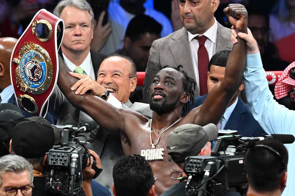 LOS ANGELES, CALIFORNIA - AUGUST 03: Terence Crawford 'Bud' from Omaha, Nebraska celebrates his victory after his match with Israil Madrimov ''The Dream' (not seen) from Uzbekistan at their WBA World WBO Interim title of the Premiere Boxing Championship during Riyadh Season on Saturday night at the BMO Stadium in Los Angeles, California United States on August 03, 2024. (Photo by Tayfun Coskun/Anadolu via Getty Images)