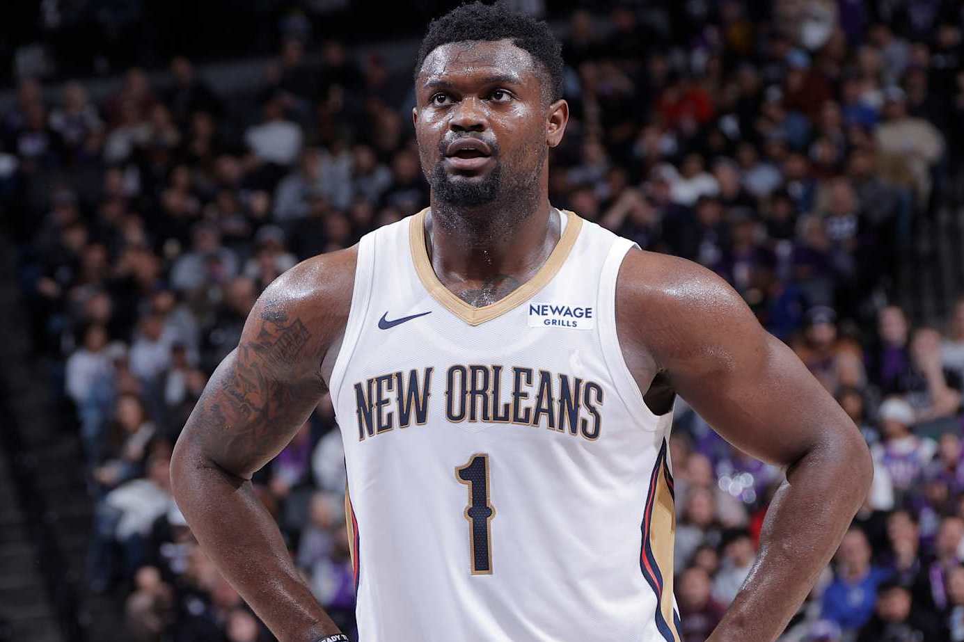 SACRAMENTO, CA - FEBRUARY 8: Zion Williamson #1 of the New Orleans Pelicans looks on during the game against the Sacramento Kings on February 8, 2025 at Golden 1 Center in Sacramento, California. NOTE TO USER: User expressly acknowledges and agrees that, by downloading and or using this Photograph, user is consenting to the terms and conditions of the Getty Images License Agreement. Mandatory Copyright Notice: Copyright 2025 NBAE (Photo by Rocky Widner/NBAE via Getty Images)