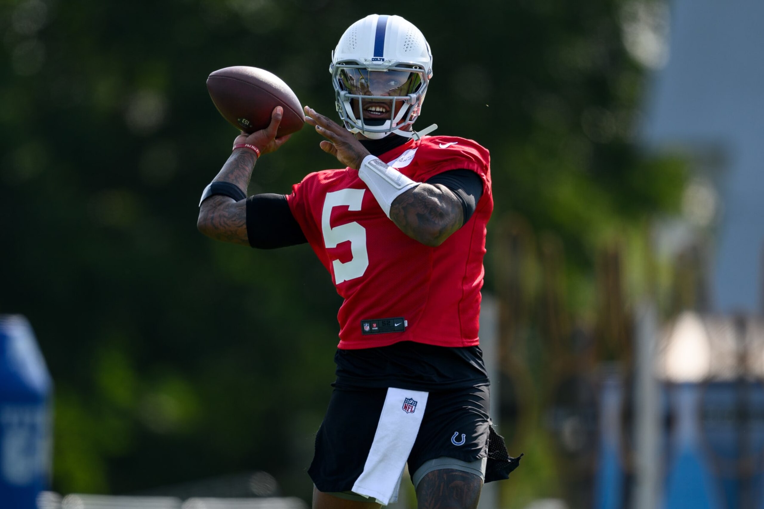 WESTFIELD, IN - JULY 27: Indianapolis Colts quarterback Anthony Richardson (5) runs through a drill during the Indianapolis Colts training camp practice on July 27, 2024 at the Grand Park Sports Campus in Westfield, IN. (Photo by Zach Bolinger/Icon Sportswire via Getty Images) WESTFIELD, IN - JULY 27: Indianapolis Colts quarterback Anthony Richardson (5) runs through a drill during the Indianapolis Colts training camp practice on July 27, 2024 at the Grand Park Sports Campus in Westfield, IN. (Photo by Zach Bolinger/Icon Sportswire via Getty Images)