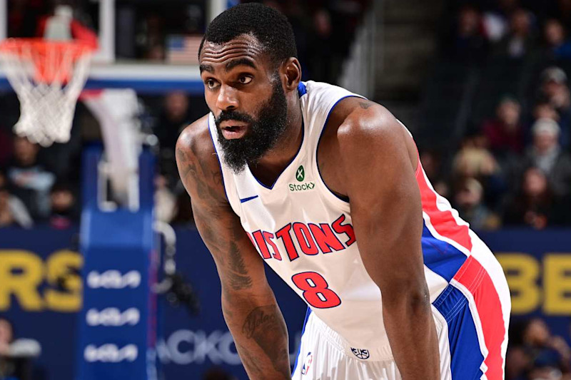 DETROIT, MI - JANUARY 06:  Tim Hardaway Jr. #8 of the Detroit Pistons looks on during the game against the Portland Trail Blazers on January 06, 2025 at Little Caesars Arena in Detroit, Michigan. NOTE TO USER: User expressly acknowledges and agrees that, by downloading and/or using this photograph, User is consenting to the terms and conditions of the Getty Images License Agreement. Mandatory Copyright Notice: Copyright 2025 NBAE (Photo by Chris Schwegler/NBAE via Getty Images)
