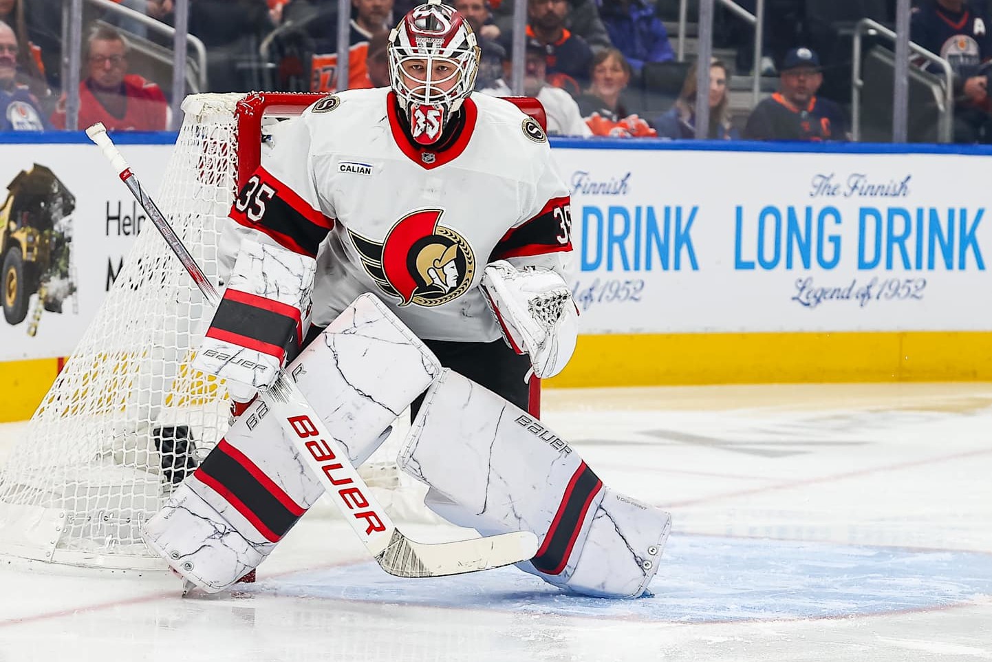 EDMONTON, AB - DECEMBER 22 Ottawa Senators Goalie Linus Ullmark (35) makes a save in the first period of the Edmonton Oilers game versus the Ottawa Senators on December 22, 2024 at Rogers Place in Edmonton, AB. (Photo by Curtis Comeau/Icon Sportswire via Getty Images)