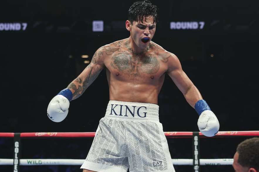 NEW YORK, NEW YORK - APRIL 20: Ryan Garcia reacts after knocking down Devin Haney during a fight at Barclays Center on April 20, 2024 in New York City.  (Photo by Cris Esqueda/Golden Boy/Getty Images)