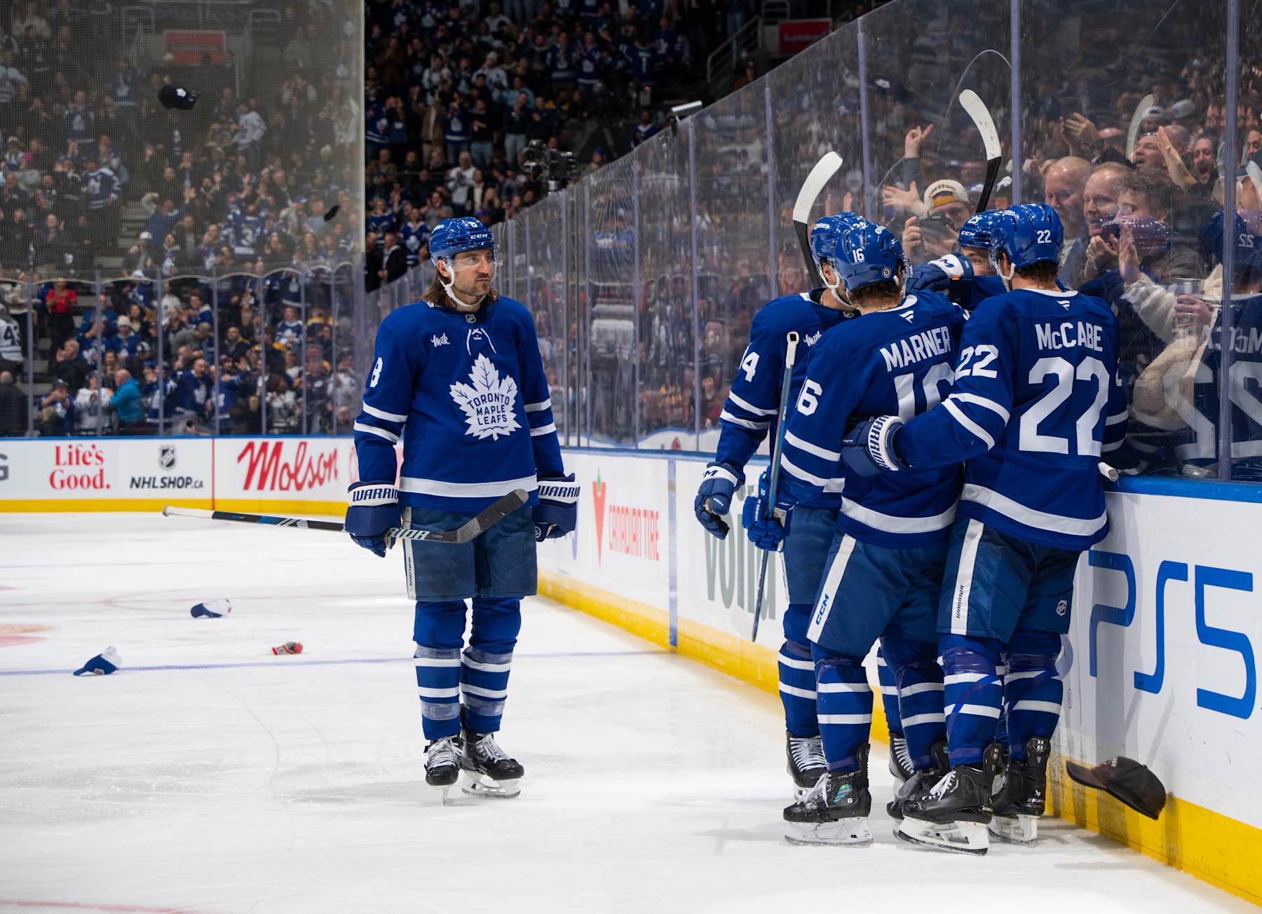 TORONTO, ON - JANUARY 4: Matthew Knies #23 of the Toronto Maple Leafs celebrates his goal with Jake McCabe #22, Chris Tanev #8, Mitch Marner #16, and Auston Matthews #34 against the Boston Bruins during the third period at the Scotiabank Arena on January 4, 2025 in Toronto, Ontario, Canada. (Photo by Mark Blinch/NHLI via Getty Images)