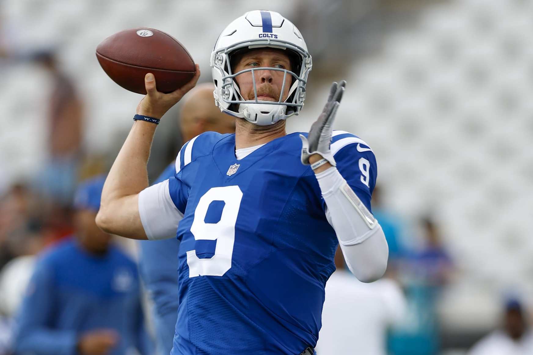 JACKSONVILLE, FL - SEPTEMBER 18: Indianapolis Colts quarterback Nick Foles (9) throws a pass during the game between the Indianapolis Colts and the Jacksonville Jaguars on September 19, 2022 at TIAA Bank Field in Jacksonville, Fl. (Photo by David Rosenblum/Icon Sportswire via Getty Images)