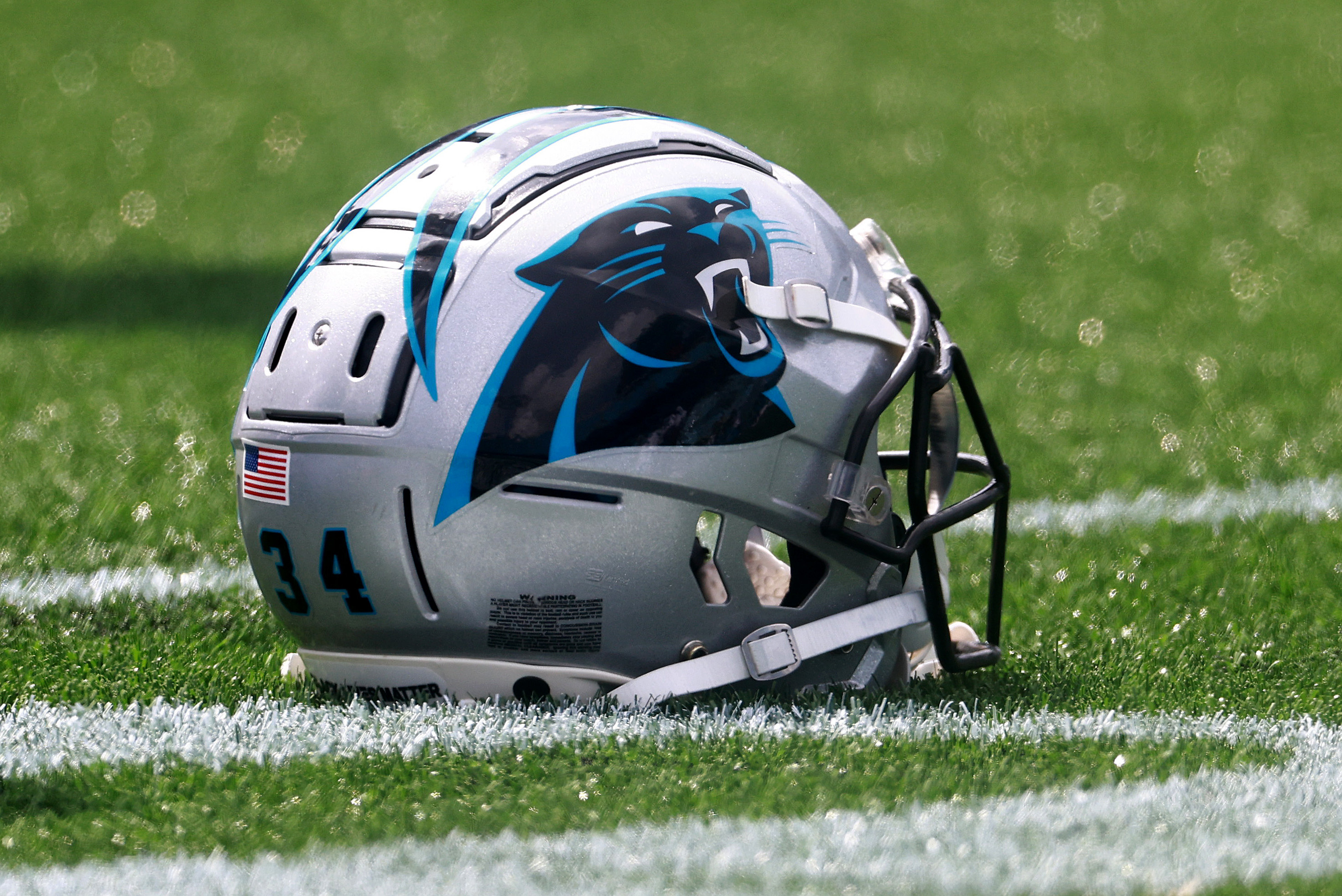 CHARLOTTE, NORTH CAROLINA - SEPTEMBER 19: A detail photo of a Carolina Panthers helmet during a game against the New Orleans Saints at Bank of America Stadium on September 19, 2021 in Charlotte, North Carolina. (Photo by Grant Halverson/Getty Images)