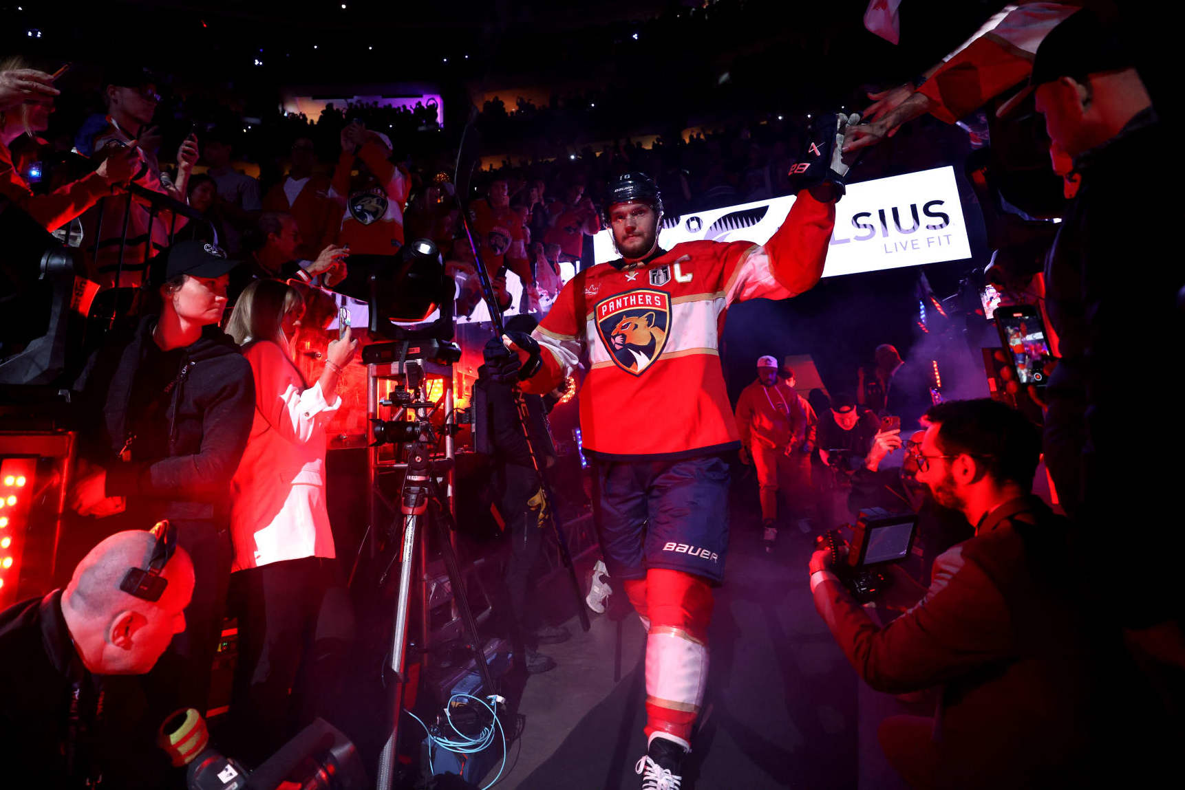 SUNRISE, FLORIDA - JUNE 24: Aleksander Barkov #16 of the Florida Panthers makes his way to the ice surface before Game Seven of the 2024 Stanley Cup Final between the Edmonton Oilers and the Florida Panthers at Amerant Bank Arena on June 24, 2024 in Sunrise, Florida. (Photo by Dave Sandford/NHLI via Getty Images)