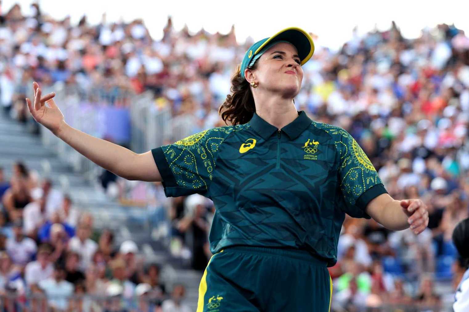 PARIS, FRANCE - AUGUST 09: B-Girl Raygun of Team Australia 
reacts during the B-Girls Round Robin - Group B on day fourteen of the Olympic Games Paris 2024 at Place de la Concorde on August 09, 2024 in Paris, France. (Photo by Elsa/Getty Images)