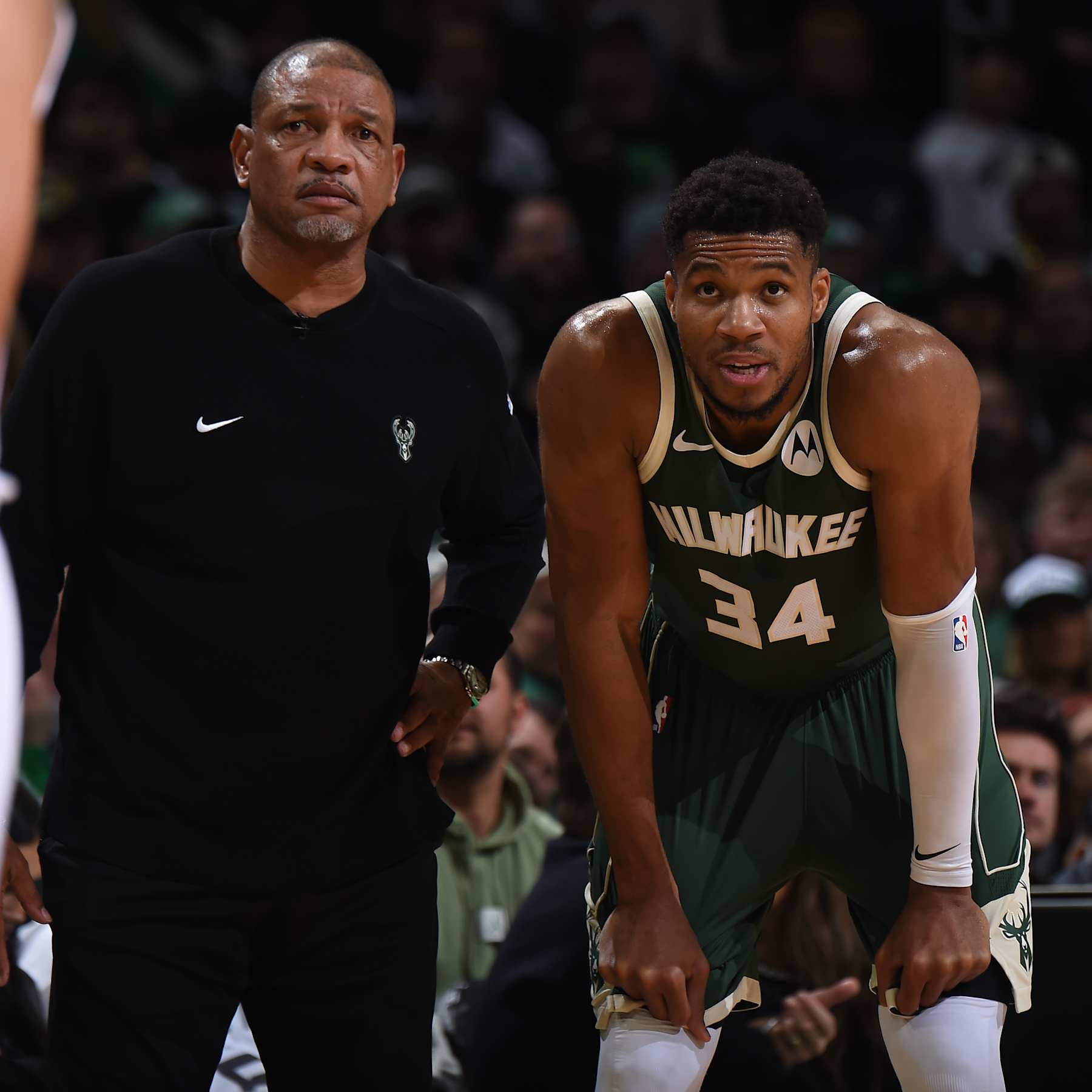 BOSTON, MA - OCTOBER 28: Giannis Antetokounmpo #34 and Head Coach Doc Rivers of the Milwaukee Bucks look on during the game against the Boston Celtics on October 28, 2024 at TD Garden in Boston, Massachusetts. NOTE TO USER: User expressly acknowledges and agrees that, by downloading and/or using this Photograph, user is consenting to the terms and conditions of the Getty Images License Agreement. Mandatory Copyright Notice: Copyright 2024 NBAE (Photo by Brian Babineau/NBAE via Getty Images)