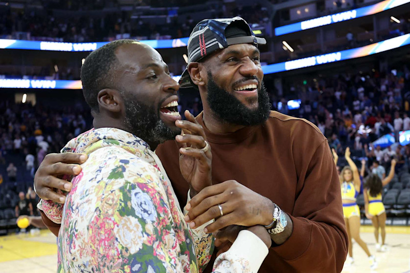 SAN FRANCISCO, CALIFORNIA - OCTOBER 07: Draymond Green #23 of the Golden State Warriors hugs LeBron James #23 of the Los Angeles Lakers after their game at Chase Center on October 07, 2023 in San Francisco, California. NOTE TO USER: User expressly acknowledges and agrees that, by downloading and/or using this photograph, user is consenting to the terms and conditions of the Getty Images License Agreement. (Photo by Ezra Shaw/Getty Images)