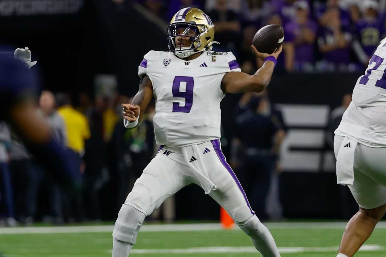 HOUSTON, TX - JANUARY 08: Washington Huskies quarterback Michael Penix Jr. (9) throws an interception during the CFP National Championship game Michigan Wolverines and Washington Huskies on January 8, 2024, at NRG Stadium in Houston, Texas. (Photo by David Buono/Icon Sportswire via Getty Images)