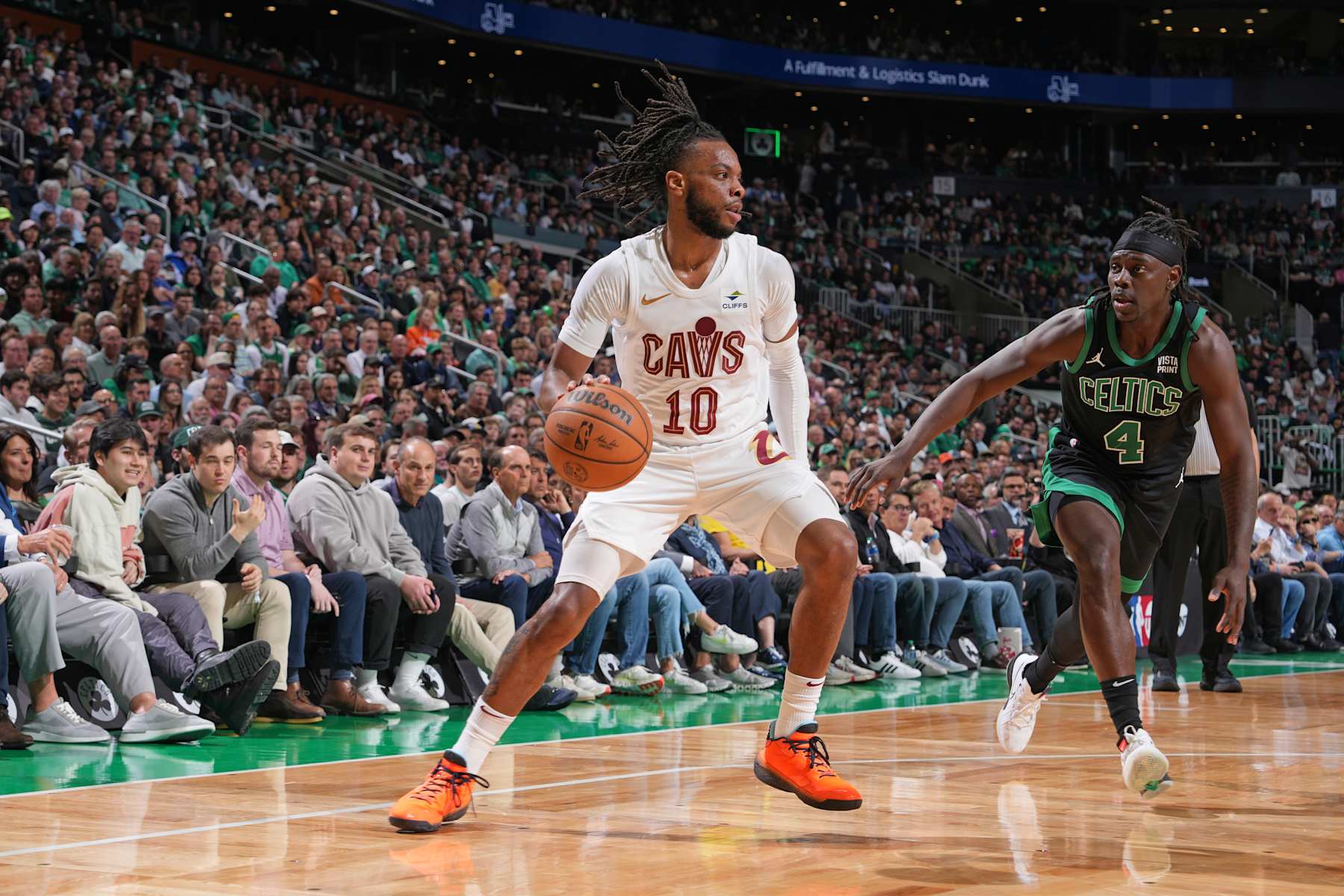 BOSTON, MA - MAY 15: Darius Garland #10 of the Cleveland Cavaliers dribbles the ball during the game against the Boston Celtics during Round 2 Game 5 of the 2024 NBA Playoffs on May 15, 2024 at the TD Garden in Boston, Massachusetts. NOTE TO USER: User expressly acknowledges and agrees that, by downloading and or using this photograph, User is consenting to the terms and conditions of the Getty Images License Agreement. Mandatory Copyright Notice: Copyright 2024 NBAE  (Photo by Jesse D. Garrabrant/NBAE via Getty Images)