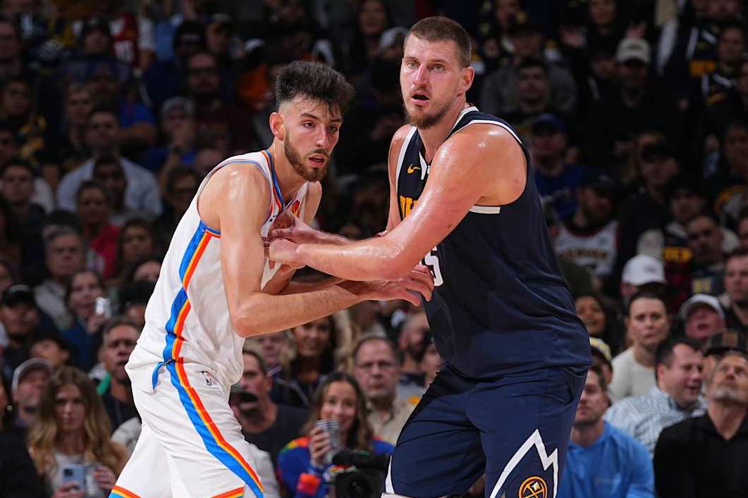 DENVER, CO - NOVEMBER 6: Chet Holmgren #7 of the Oklahoma City Thunder and Nikola Jokic #15 of the Denver Nuggets during a regular season game on November 6, 2024 at Ball Arena in Denver, Colorado. NOTE TO USER: User expressly acknowledges and agrees that, by downloading and/or using this Photograph, user is consenting to the terms and conditions of the Getty Images License Agreement. Mandatory Copyright Notice: Copyright 2024 NBAE (Photo by Bart Young/NBAE via Getty Images)