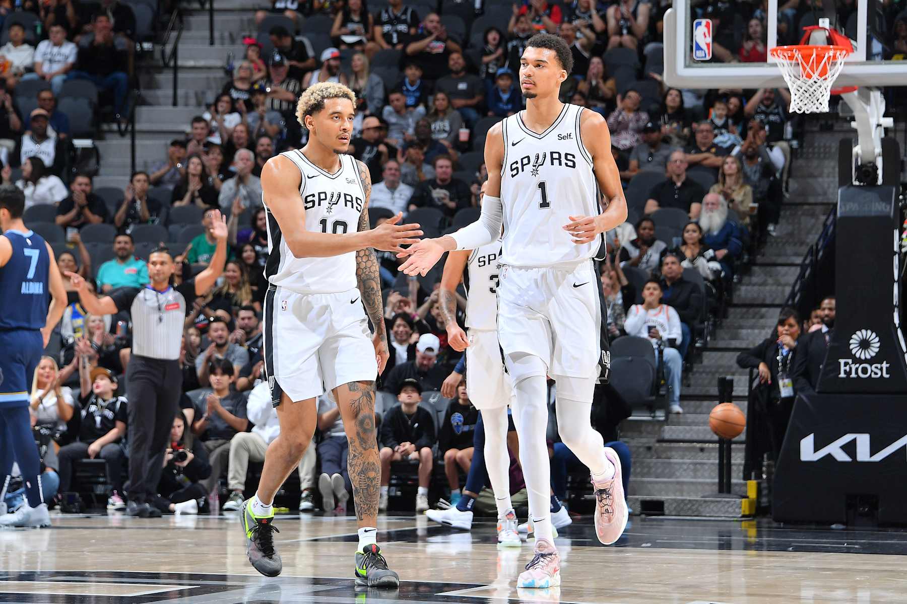 SAN ANTONIO, TX - MARCH 22  Jeremy Sochan #10 and Victor Wembanyama #1 of the San Antonio Spurs react during the game against the Memphis Grizzlies on March 22, 2024 at the Frost Bank Center in San Antonio, Texas. NOTE TO USER: User expressly acknowledges and agrees that, by downloading and or using this photograph, user is consenting to the terms and conditions of the Getty Images License Agreement. Mandatory Copyright Notice: Copyright 2024 NBAE (Photos by Michael Gonzales/NBAE via Getty Images)