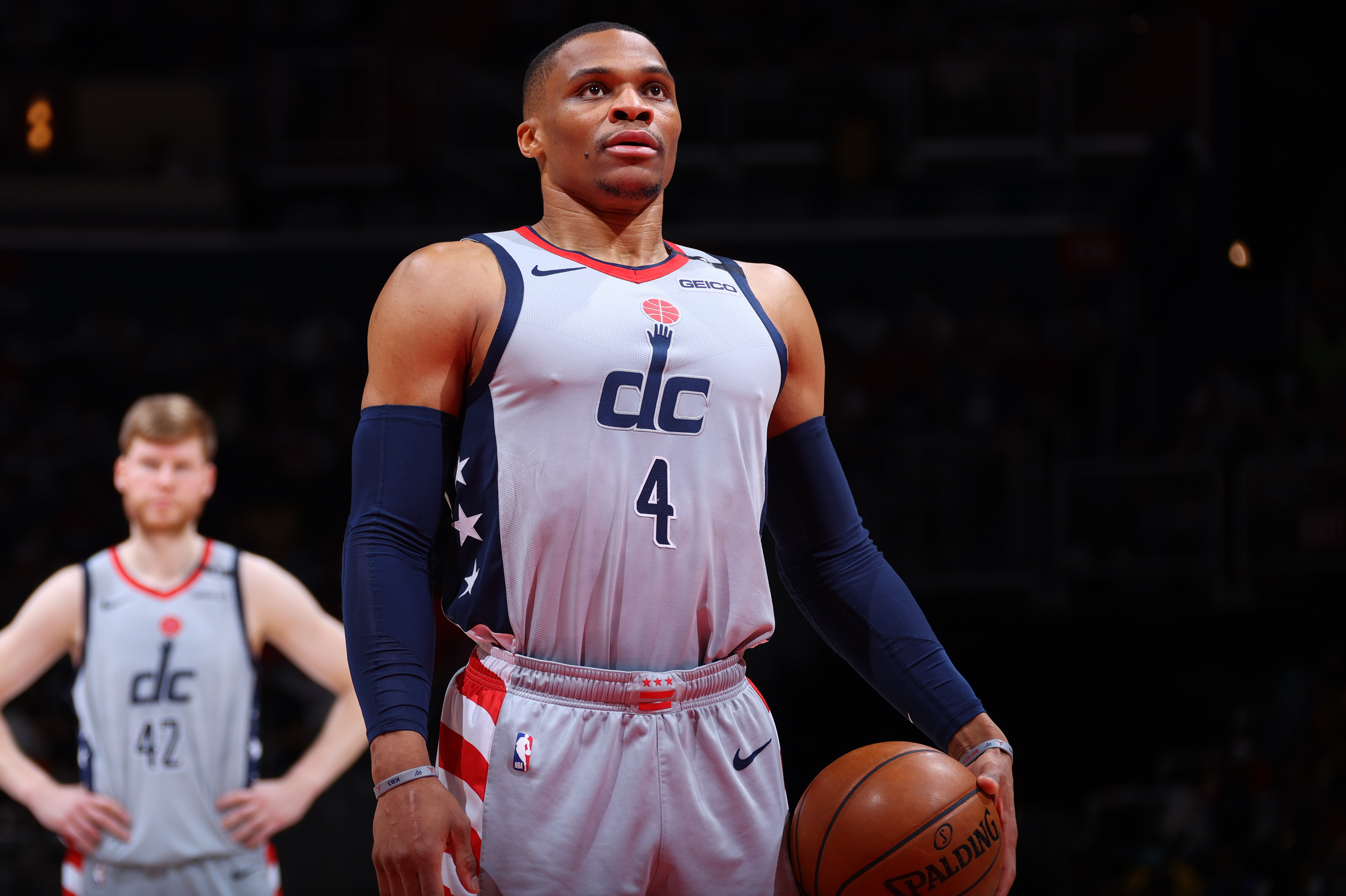WASHINGTON, DC -  MAY 31: Russell Westbrook #4 of the Washington Wizards looks to shoots a free throw against the Philadelphia 76ers during Round 1, Game 4 of the 2021 NBA Playoffs on May 31, 2021 at Capital One Arena in Washington, DC. NOTE TO USER: User expressly acknowledges and agrees that, by downloading and or using this Photograph, user is consenting to the terms and conditions of the Getty Images License Agreement. Mandatory Copyright Notice: Copyright 2021 NBAE (Photo by Ned Dishman/NBAE via Getty Images)