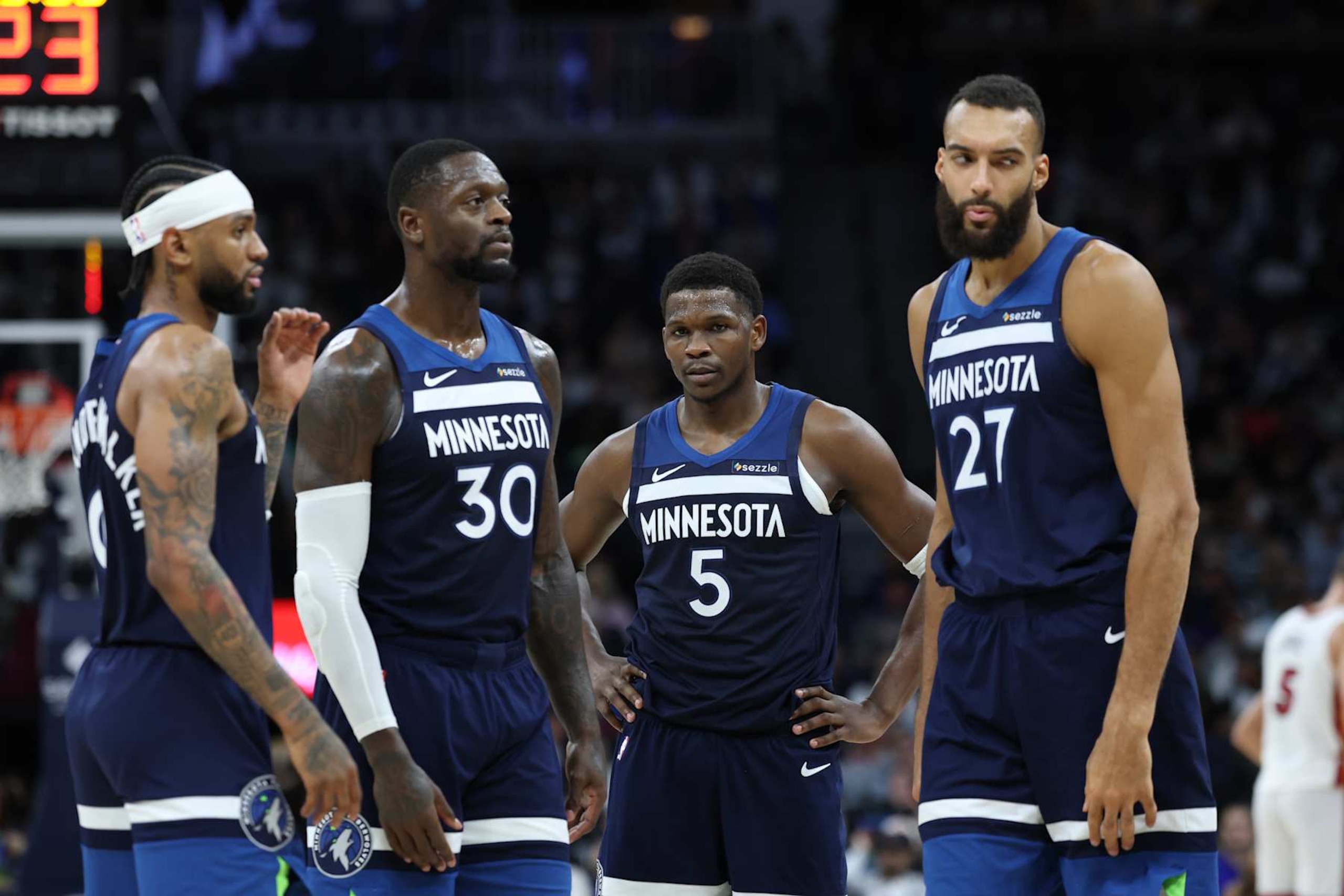 MINNEAPOLIS, MN - NOVEMBER 10: Minnesota Timberwolves look on during the game against the Miami Heat on November 10, 2024 at Target Center in Minneapolis, Minnesota. NOTE TO USER: User expressly acknowledges and agrees that, by downloading and or using this Photograph, user is consenting to the terms and conditions of the Getty Images License Agreement. Mandatory Copyright Notice: Copyright 2024 NBAE (Photo by David Sherman/NBAE via Getty Images) MINNEAPOLIS, MN - NOVEMBER 10: Minnesota Timberwolves look on during the game against the Miami Heat on November 10, 2024 at Target Center in Minneapolis, Minnesota. NOTE TO USER: User expressly acknowledges and agrees that, by downloading and or using this Photograph, user is consenting to the terms and conditions of the Getty Images License Agreement. Mandatory Copyright Notice: Copyright 2024 NBAE (Photo by David Sherman/NBAE via Getty Images)