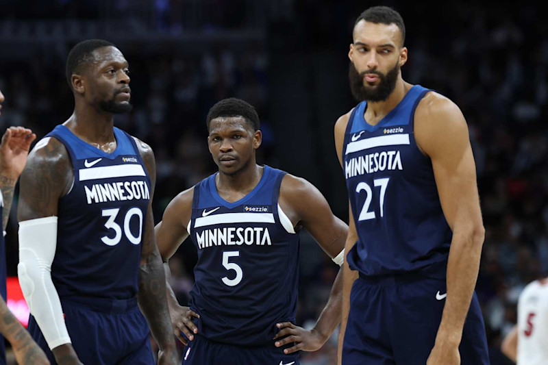 MINNEAPOLIS, MN - NOVEMBER 10: Minnesota Timberwolves look on during the game against the Miami Heat on November 10, 2024 at Target Center in Minneapolis, Minnesota. NOTE TO USER: User expressly acknowledges and agrees that, by downloading and or using this Photograph, user is consenting to the terms and conditions of the Getty Images License Agreement. Mandatory Copyright Notice: Copyright 2024 NBAE (Photo by David Sherman/NBAE via Getty Images)