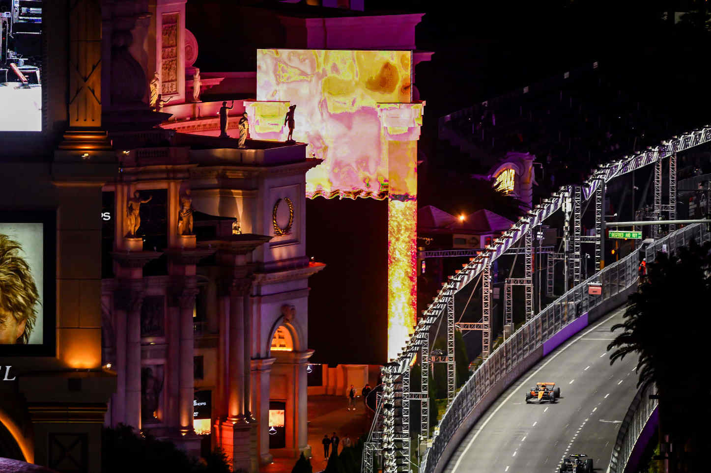 LAS VEGAS, NEVADA - NOVEMBER 17: Zhou Guanyu of China driving the (24) Alfa Romeo F1 C43 Ferrari leads Lando Norris of Great Britain driving the (4) McLaren MCL60 Mercedes during practice ahead of the F1 Grand Prix of Las Vegas at Las Vegas Strip Circuit on November 17, 2023 in Las Vegas, Nevada. (Photo by Clive Mason - Formula 1/Formula 1 via Getty Images)