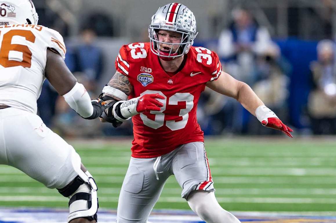 ARLINGTON, TX - JANUARY 10: Ohio State Buckeyes defensive end Jack Sawyer (#33) runs up field during the CFP Semifinal Cotton Bowl Classic football game between the Ohio State Buckeyes and Texas Longhorns on January 10, 2025 at AT&T Stadium in Arlington, TX. (Photo by Matthew Visinsky/Icon Sportswire via Getty Images)