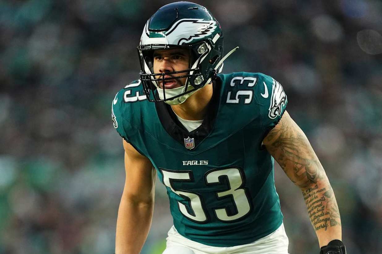 PHILADELPHIA, PA - JANUARY 12: Zack Baun #53 of the Philadelphia Eagles lines up before the snap during an NFL football wild card playoff game against the Green Bay Packers at Lincoln Financial Field on January 12, 2025 in Philadelphia, Pennsylvania. (Photo by Cooper Neill/Getty Images)