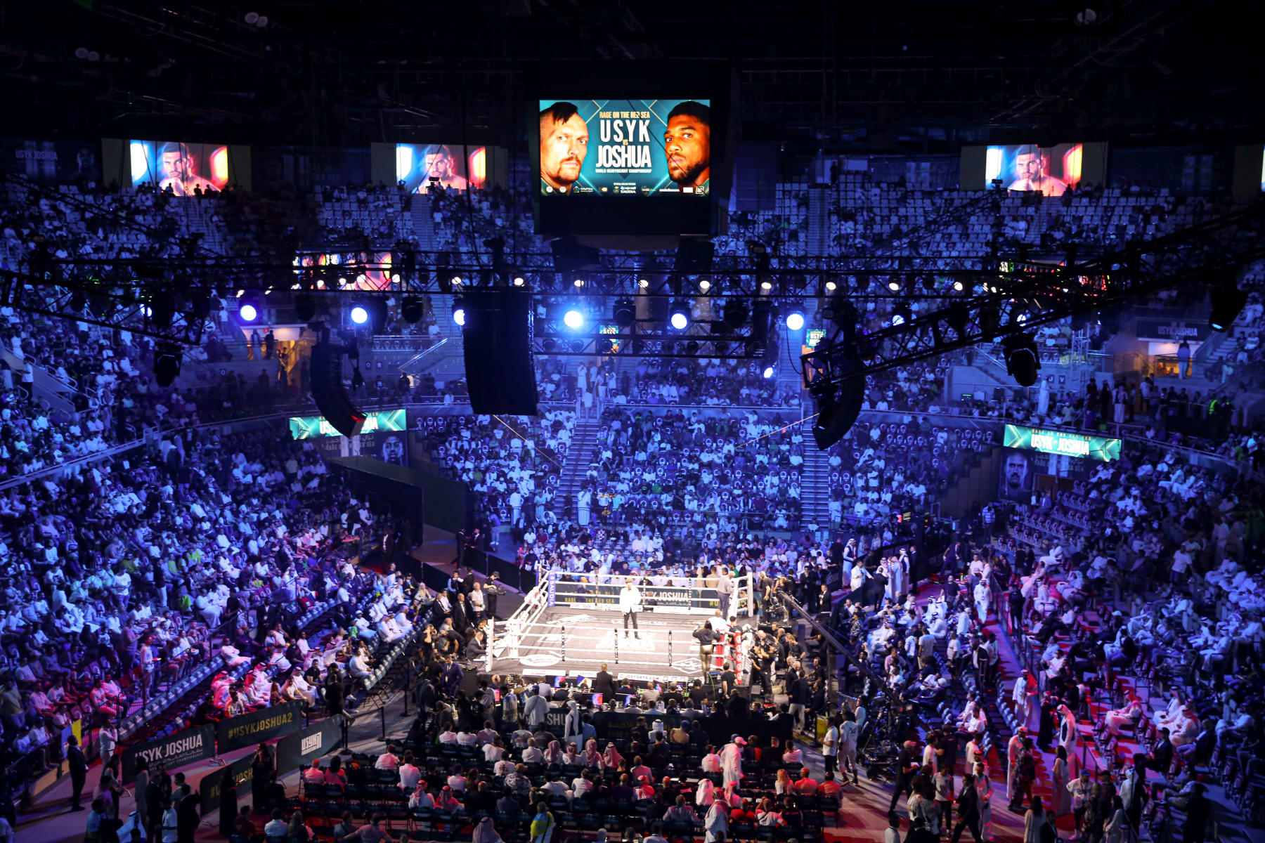 JEDDAH, SAUDI ARABIA - AUGUST 20: Fans gather at Super Dome Hall ahead of rematch between world heavyweight boxing champion Oleksandr Usyk of Ukraine and Anthony Joshua of Great Britain under the name of "Rage in the Red Sea" at King Abdullah Sports Complex in Jeddah, Saudi Arabia on August 20, 2022. (Photo by Ayman Yaqoob/Anadolu Agency via Getty Images)