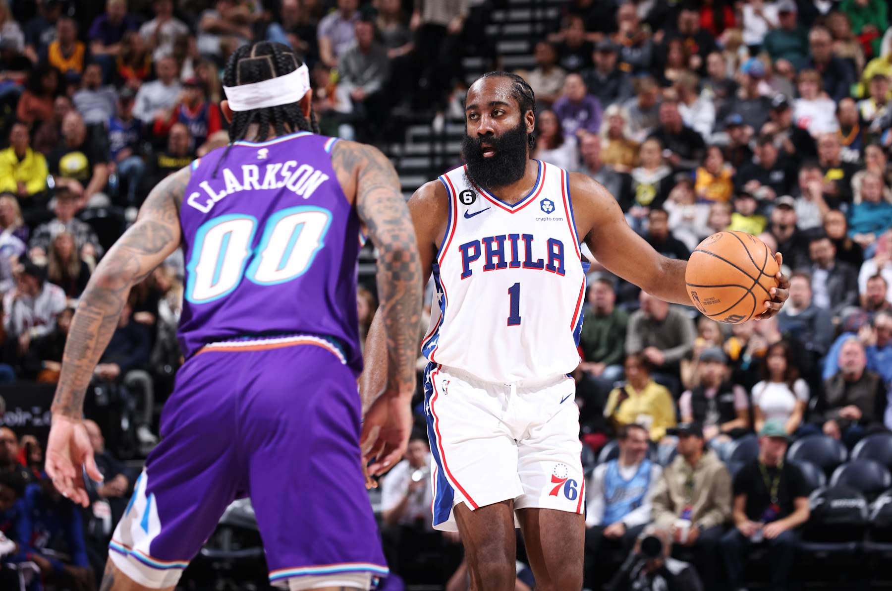 SALT LAKE CITY, UT - JANUARY 14: James Harden #1 of the Philadelphia 76ers dribbles the ball during the game against the Utah Jazz  on January 14, 2023 at vivint.SmartHome Arena in Salt Lake City, Utah. NOTE TO USER: User expressly acknowledges and agrees that, by downloading and or using this Photograph, User is consenting to the terms and conditions of the Getty Images License Agreement. Mandatory Copyright Notice: Copyright 2022 NBAE (Photo by Melissa Majchrzak/NBAE via Getty Images)