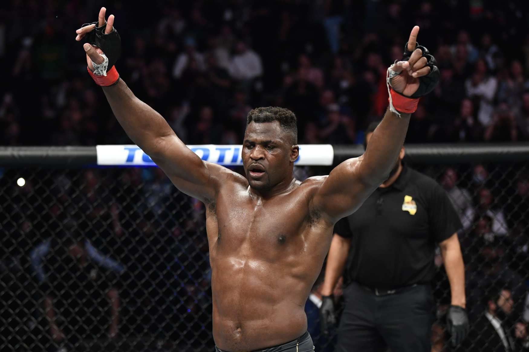 ANAHEIM, CALIFORNIA - JANUARY 22: Francis Ngannou of Cameroon reacts after his five-round battle against Ciryl Gane of France in their UFC heavyweight championship fight during the UFC 270 event at Honda Center on January 22, 2022 in Anaheim, California. (Photo by Chris Unger/Zuffa LLC)