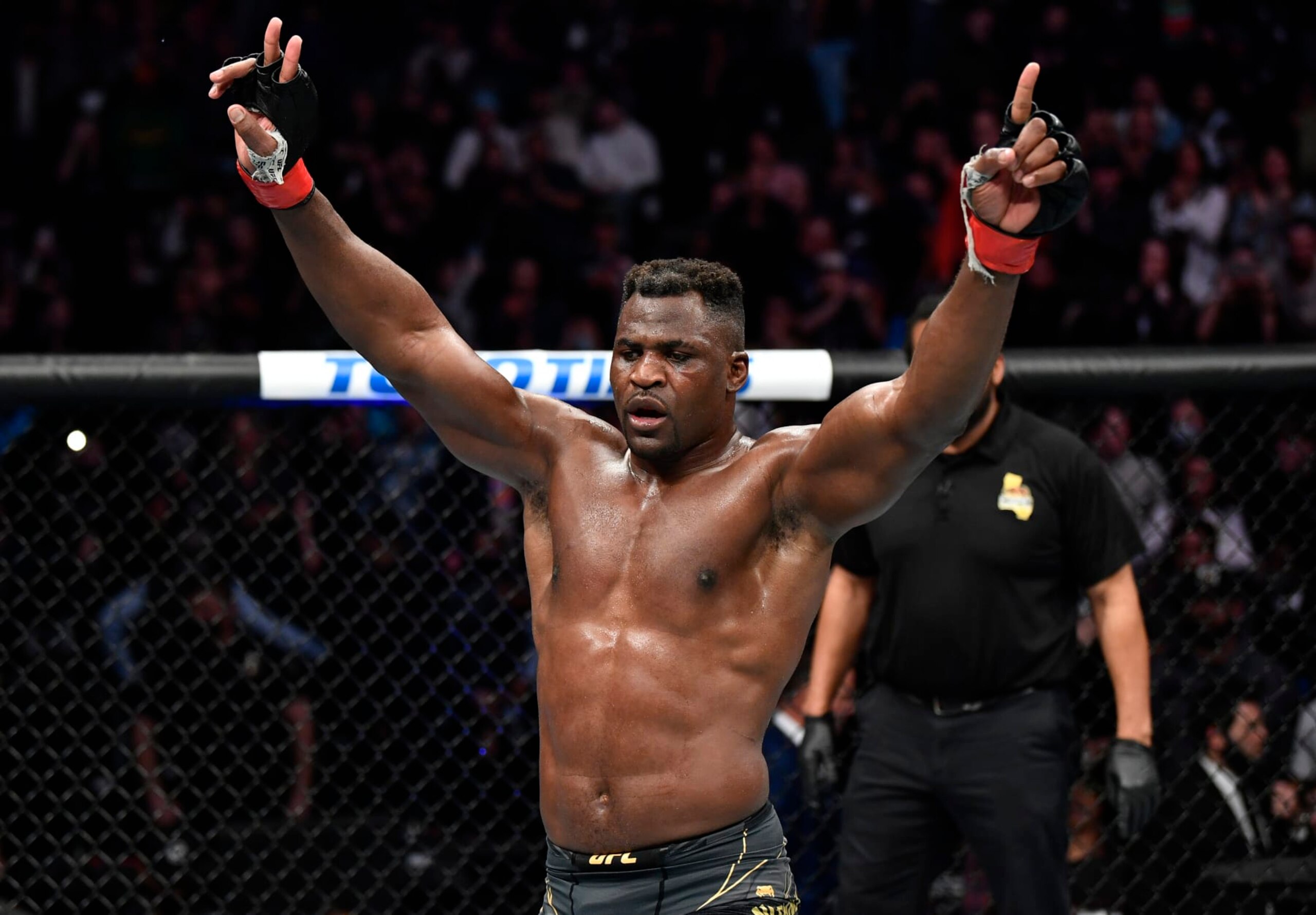 ANAHEIM, CALIFORNIA - JANUARY 22: Francis Ngannou of Cameroon reacts after his five-round battle against Ciryl Gane of France in their UFC heavyweight championship fight during the UFC 270 event at Honda Center on January 22, 2022 in Anaheim, California. (Photo by Chris Unger/Zuffa LLC)