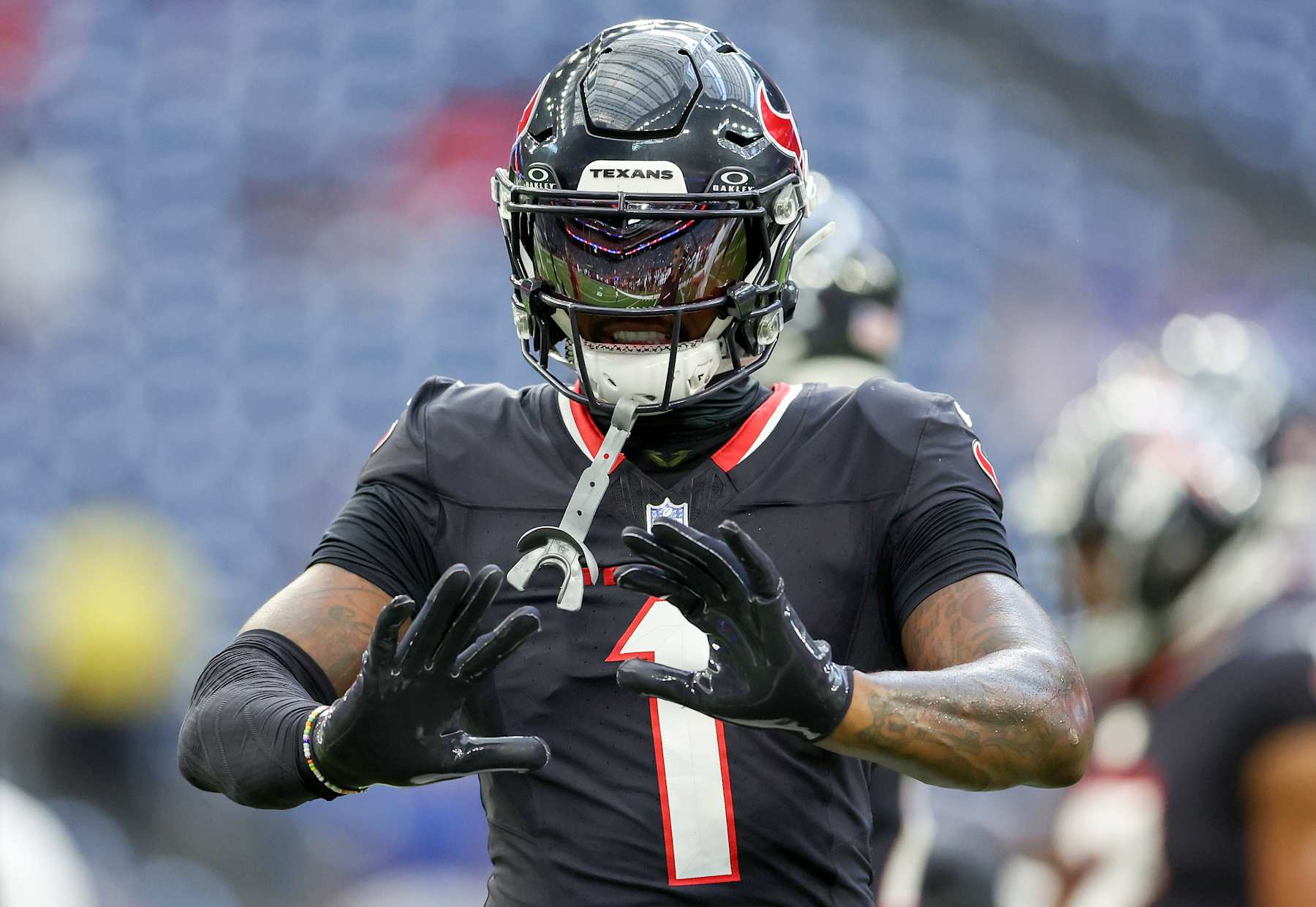 HOUSTON, TEXAS - AUGUST 17: Stefon Diggs #1 of the Houston Texans wams up before the preseason game against the New York Giants at NRG Stadium on August 17, 2024 in Houston, Texas. (Photo by Tim Warner/Getty Images)