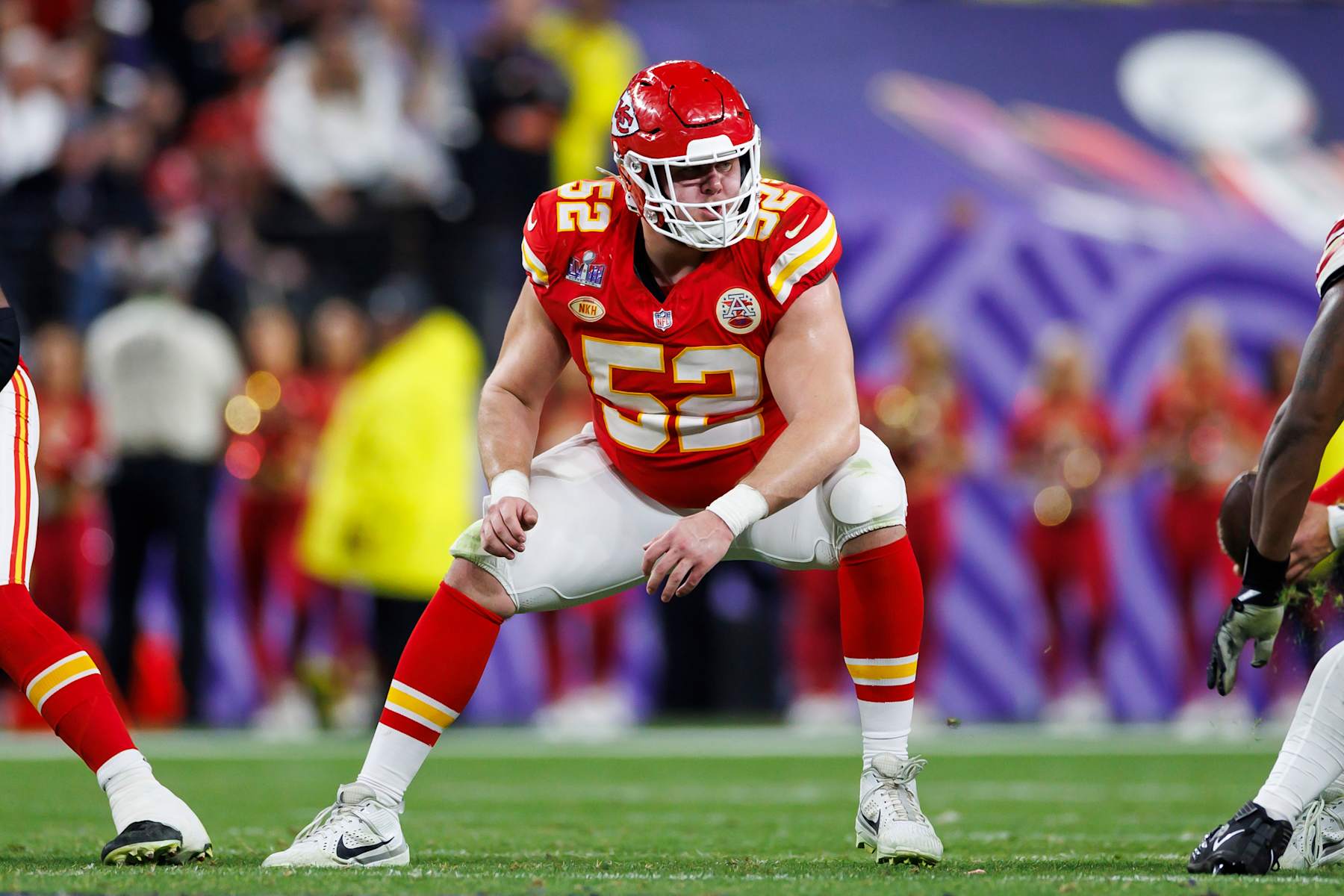LAS VEGAS, NEVADA - FEBRUARY 11: Creed Humphrey #52 of the Kansas City Chiefs blocks during Super Bowl LVIII against the San Francisco 49ers at Allegiant Stadium on February 11, 2024 in Las Vegas, Nevada. (Photo by Ryan Kang/Getty Images)