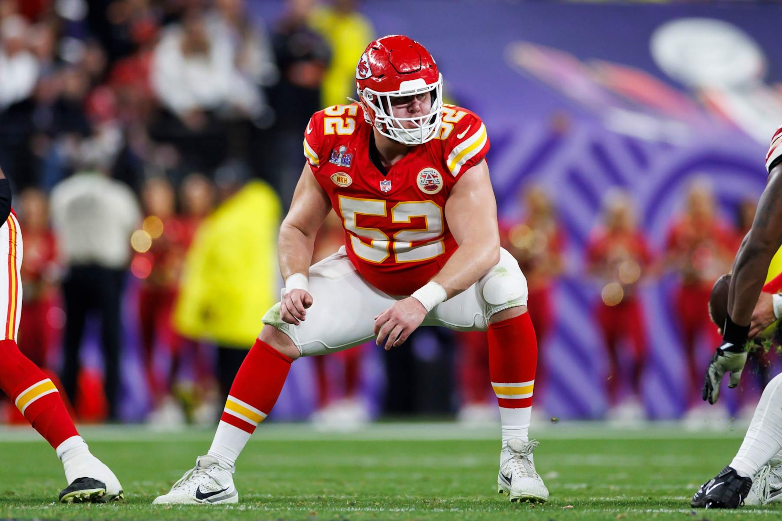 LAS VEGAS, NEVADA - FEBRUARY 11: Creed Humphrey #52 of the Kansas City Chiefs blocks during Super Bowl LVIII against the San Francisco 49ers at Allegiant Stadium on February 11, 2024 in Las Vegas, Nevada. (Photo by Ryan Kang/Getty Images)