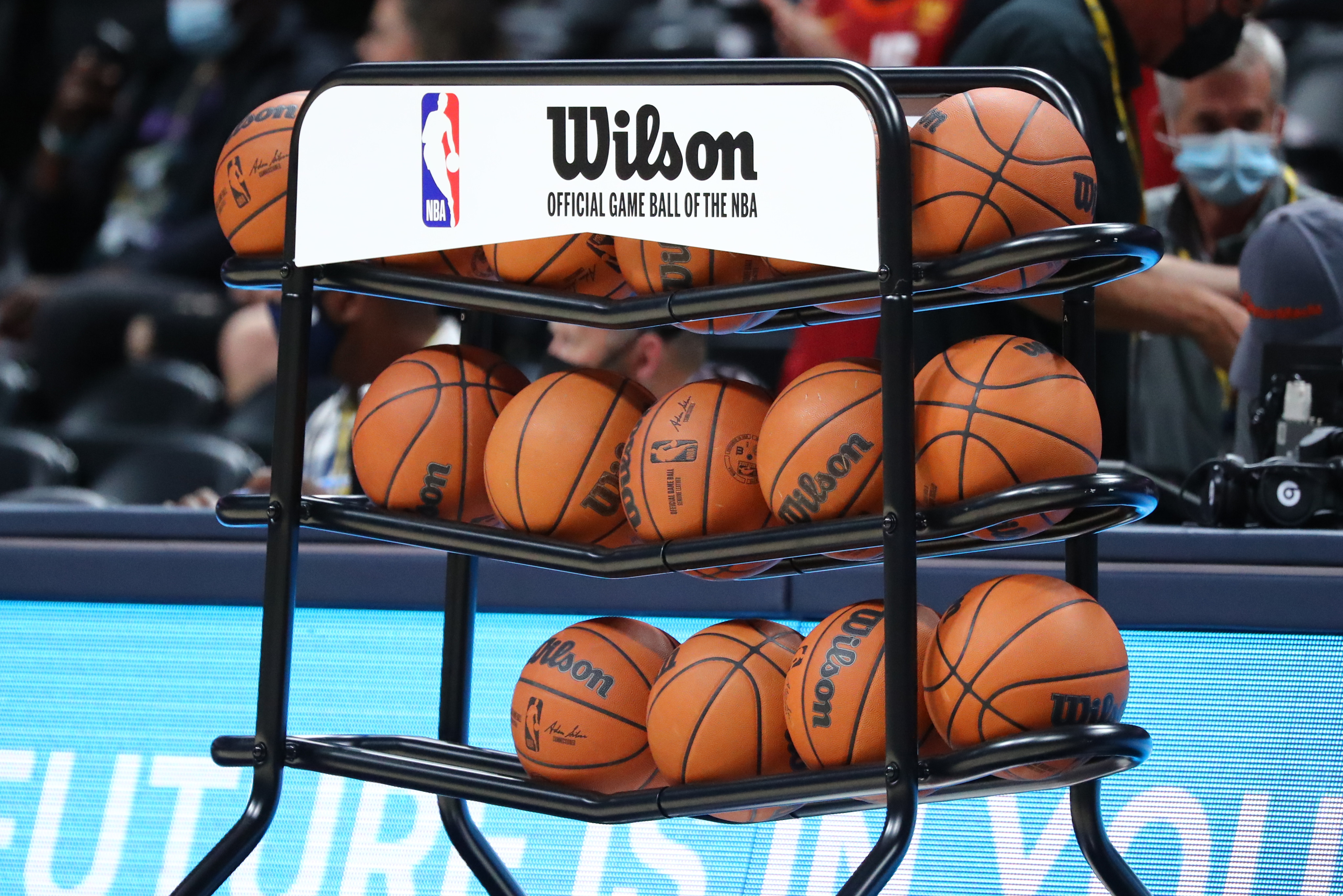 DENVER, CO - OCTOBER 08: A rack of Wilson basketballs is seen before the game between the Denver Nuggets and the Minnesota Timberwolves at Ball Arena on October 8, 2021 in Denver, Colorado. NOTE TO USER: User expressly acknowledges and agrees that, by downloading and or using this photograph, user is consenting to the terms and conditions of the Getty Images License Agreement.(Photo by C. Morgan Engel/Getty Images)