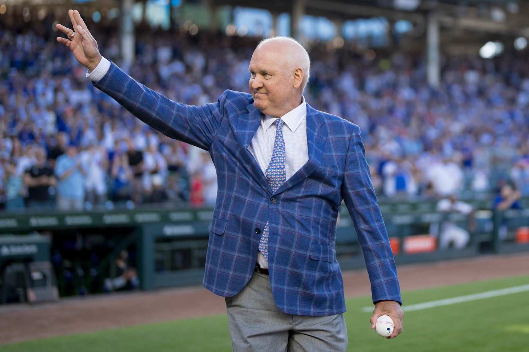 CHICAGO, IL - June 23: Ryne Sandberg of the Chicago Cubs acknowledges the crowd following a statue dedication ceremony held at Wrigley Field on June 23, 2024 in Chicago, Illinois. (Photo by Matt Dirksen/Chicago Cubs/Getty Images)