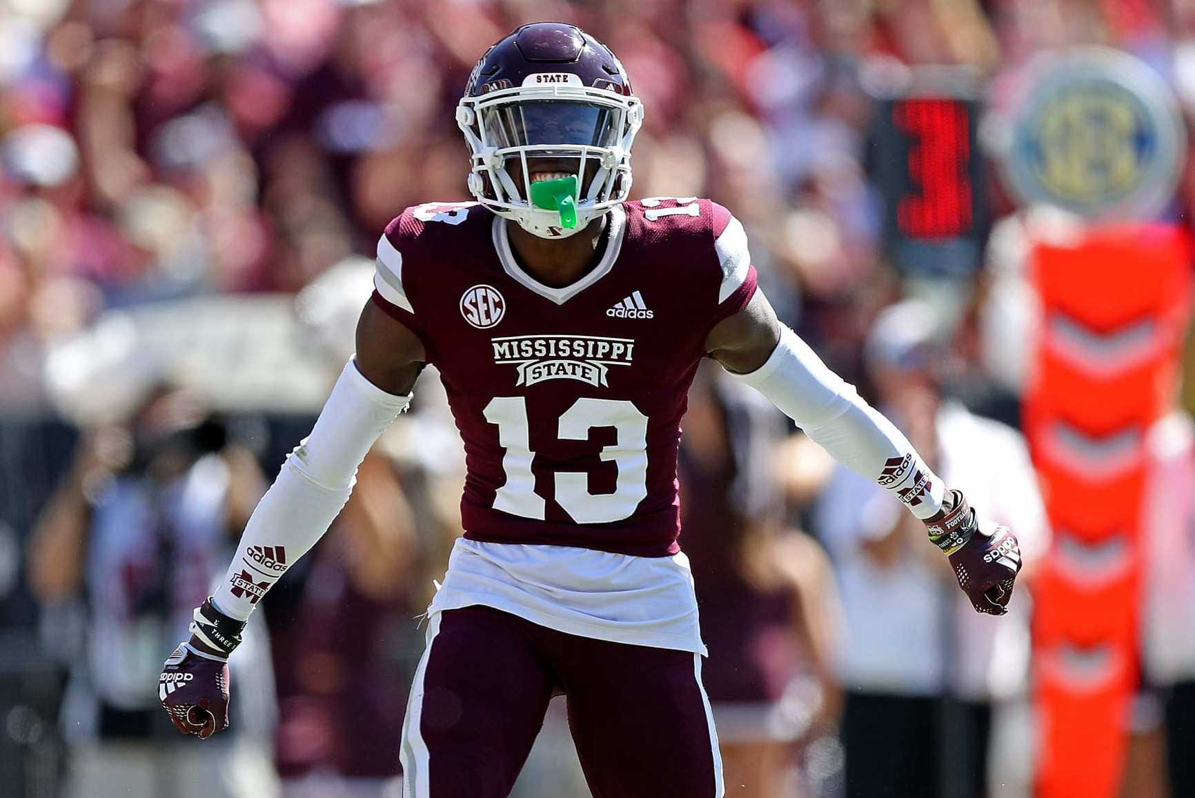 STARKVILLE, MISSISSIPPI - OCTOBER 08: Emmanuel Forbes #13 of the Mississippi State Bulldogs reacts during the game against the Arkansas Razorbacks at Davis Wade Stadium on October 08, 2022 in Starkville, Mississippi. (Photo by Justin Ford/Getty Images)