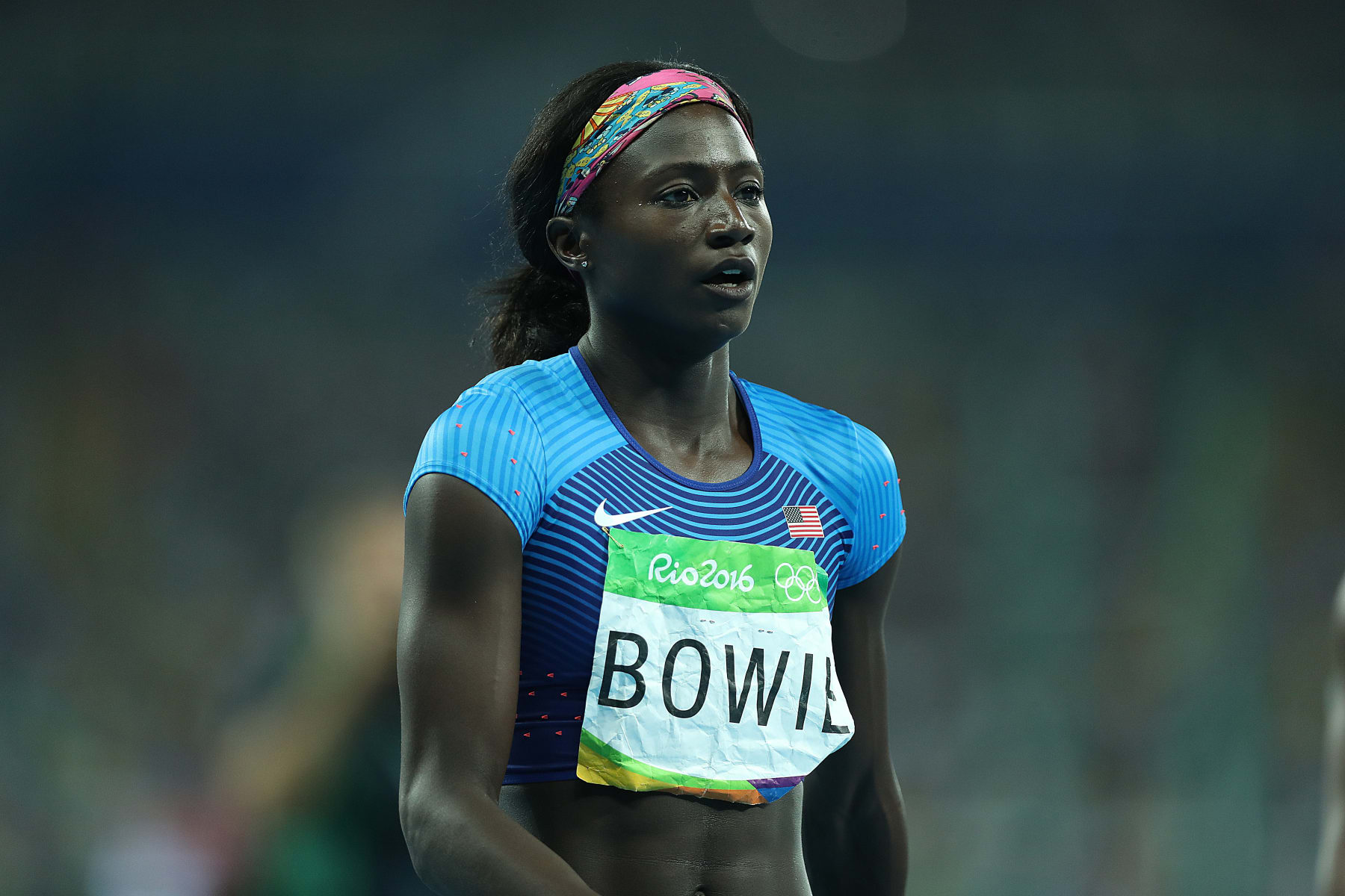 RIO DE JANEIRO, BRAZIL - AUGUST 19: Tori Bowie of the US celebrates successful gold in the Ladies's 4 x 100m Relay Closing on Day 14 of the Rio 2016 Olympic Video games on the Olympic Stadium on August 19, 2016 in Rio de Janeiro, Brazil. (Photo by Ian MacNicol/Getty Photos)