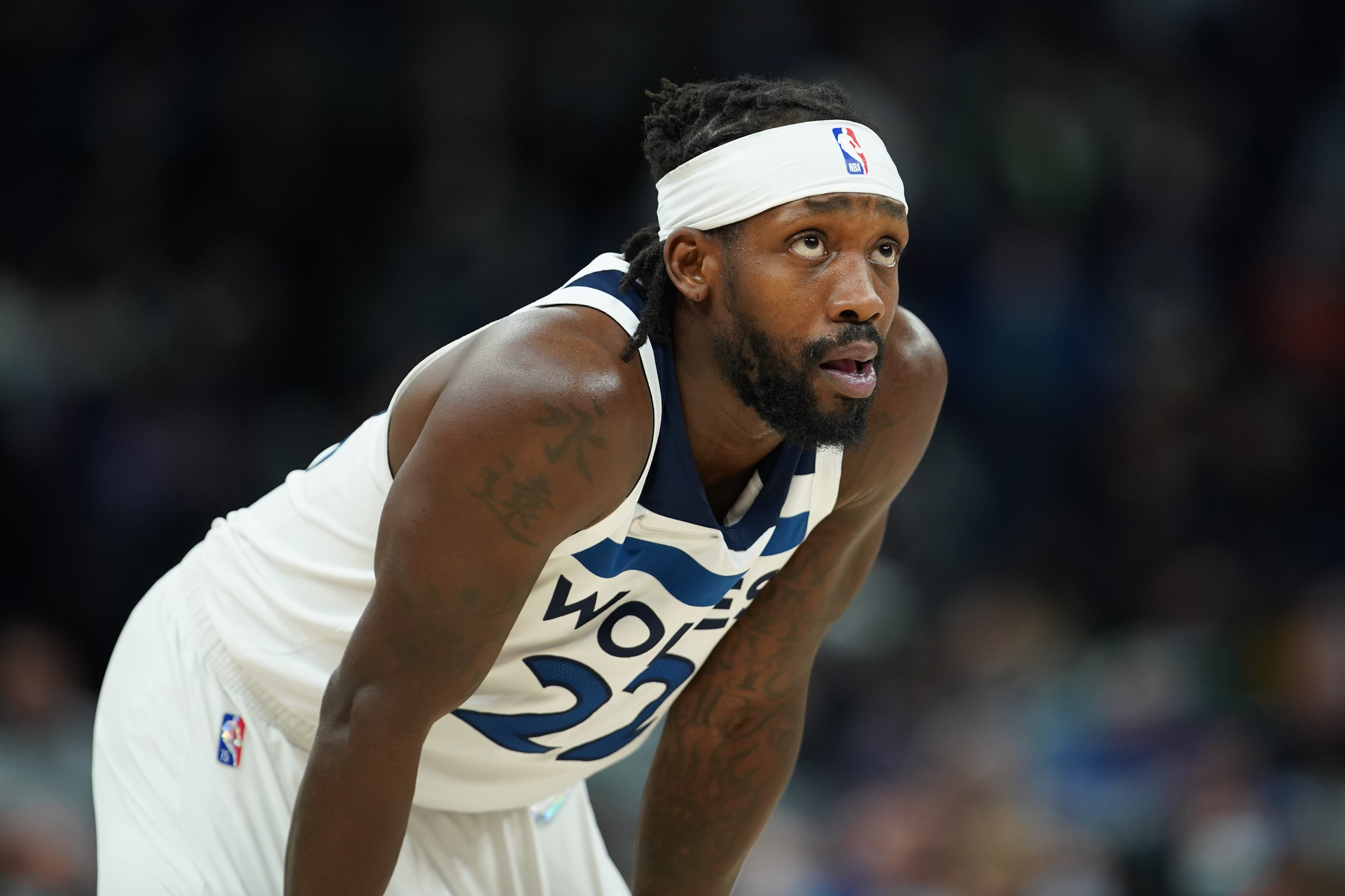 MINNEAPOLIS, MN - FEBRUARY 15: Patrick Beverley #22 of the Minnesota Timberwolves looks on during the game against the Charlotte Hornets on February 15, 2022 at Target Center in Minneapolis, Minnesota. NOTE TO USER: User expressly acknowledges and agrees that, by downloading and or using this Photograph, user is consenting to the terms and conditions of the Getty Images License Agreement. Mandatory Copyright Notice: Copyright 2022 NBAE (Photo by Jordan Johnson/NBAE via Getty Images)